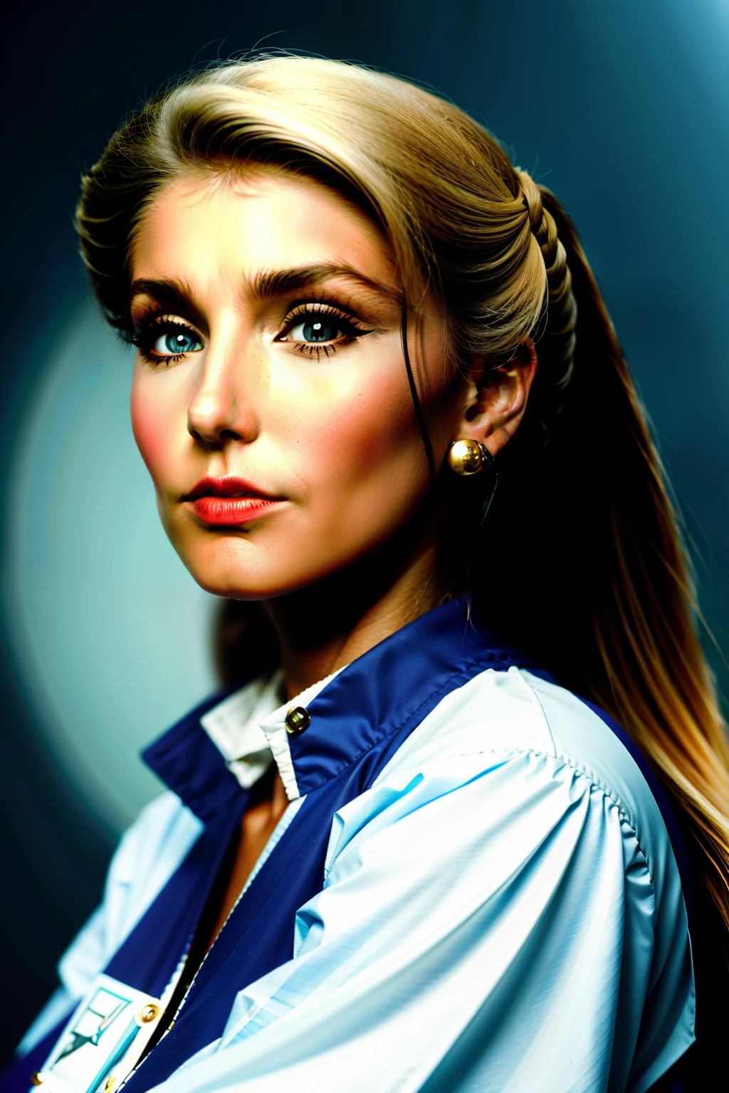 Heather Thomas solo as  as air stewardess, (( flight attendan)), portrait close up 8k 