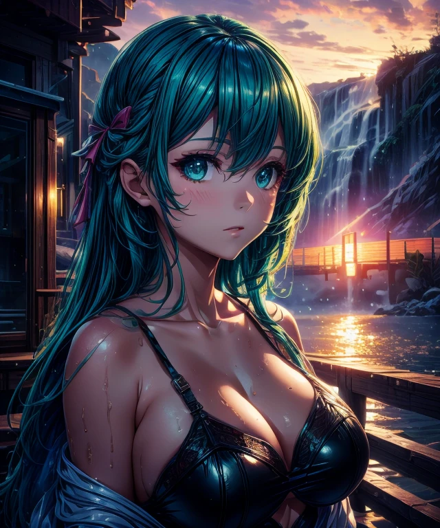 Best Quality, Masterpiece, Ultra High Resolution, (Realism: 1.4), Original Photo, 1Girl, Green Eyes, Off-the-Shoulders, Cinematic Lighting, Blue Hair, At Sunset