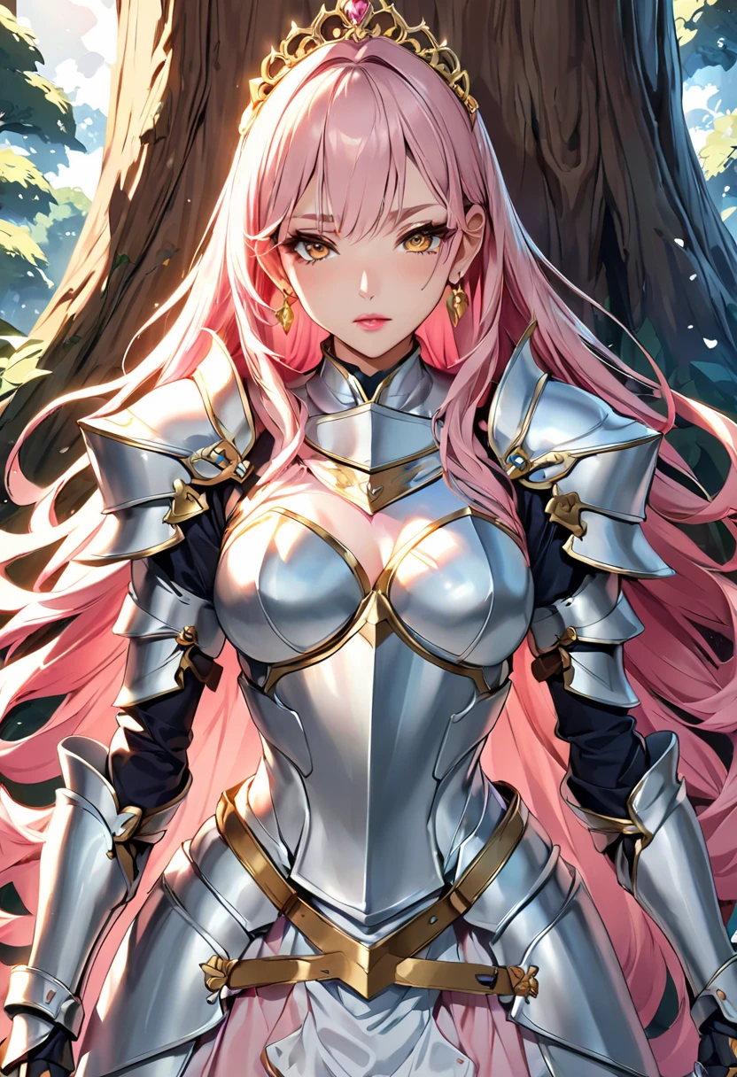 NSFW, masterpiece、highest quality、Ultra-high resolution、Maximum resolution、very detailed、Professional Lighting、anime、Adult women、thin、so beautiful、Beautiful face、Armored Dress、Pure white full-plate armor、Shiny Armor、Golden decoration、Gorgeous tiara、Golden earrings、Frilly Armor、Pink Hair、Golden Eyes、Pink Lips、gold belt、Cape、Destroyed Armor、Combat Ready、With gorgeous sword and shield、In front of the big tree、Attacked by slime