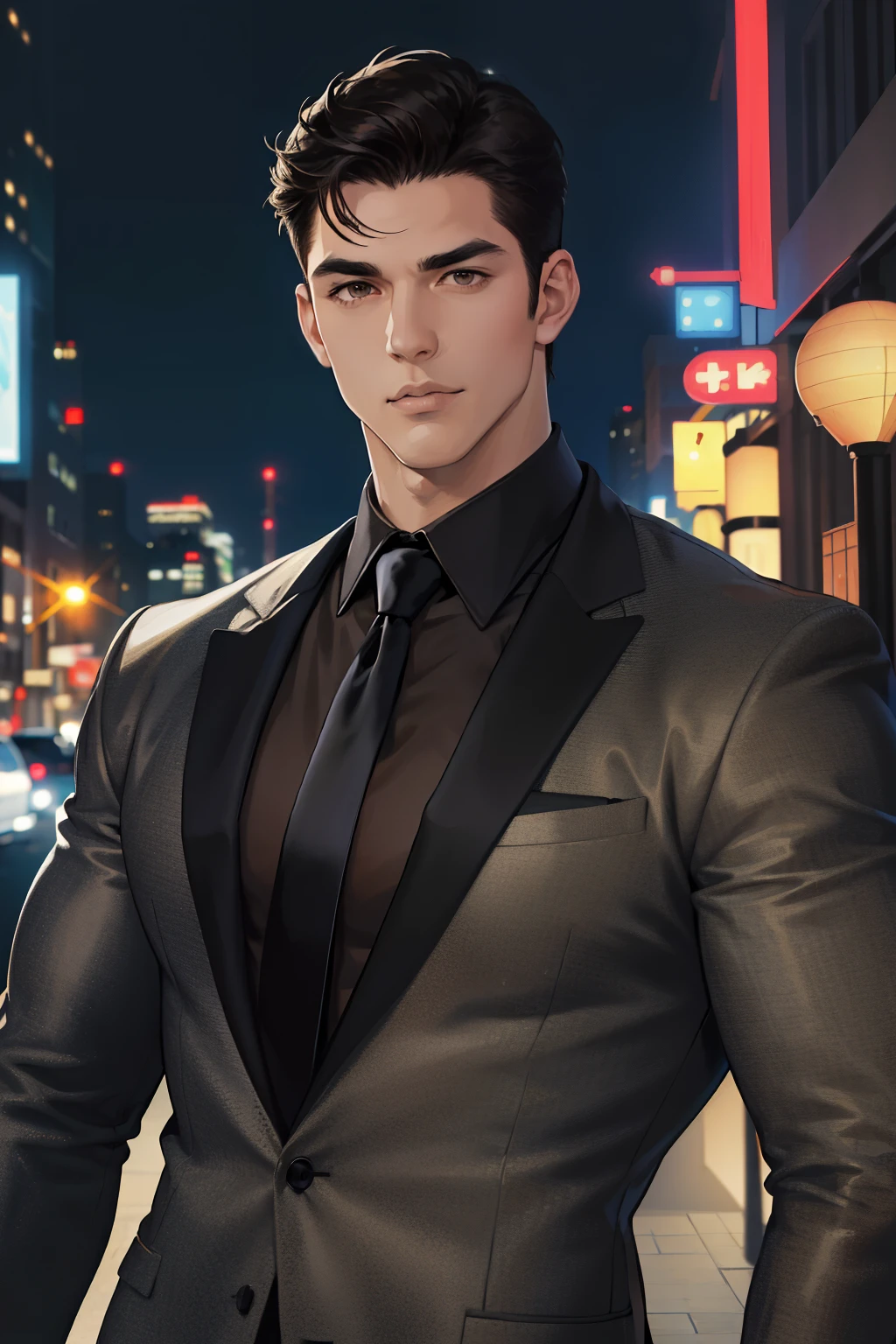 (absurdres, highres, ultra detailed, realistic, ), 1 male, solo, adult, mature, tall muscular guy, broad shoulders, handsome, very short hair, black hair, brown eyes, angular jaw, thick neck, thick eyebrows, night, dark, the night view of the city background, formal suit, necktie, upper body