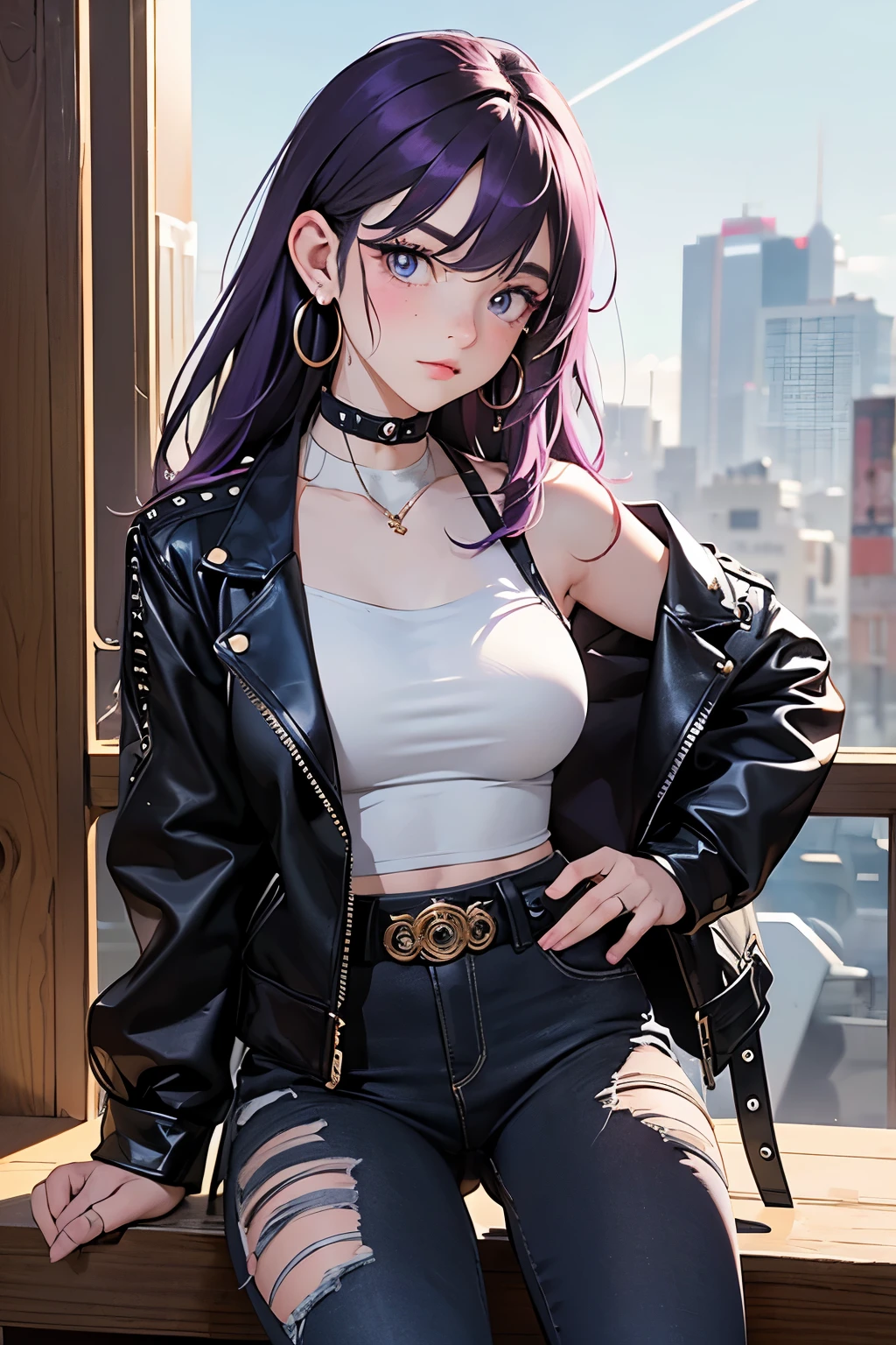 (Obra maestra:1.2), Mejor calidad, (illustration:1.2), (ultra detallado), hiper detalles, (delicado detallado), (detalles intrincados), (cinematic light, Mejor calidad Backlights), Delete line, solista, Cuerpo perfecto, (1 chica), Anime style of a young ager with long, straight purple hair that falls to her waist, with streaks of darker purple running through it. Her eyes are a striking shade of gold, with a piercing gaze and almond-shaped. She has a fair complexion with a few faint freckles across her cheeks. She is dressed in punk fashion, wearing a cropped leather jacket adorned with studs and patches. She pairs it with ripped black skinny jeans and combat boots, laced up with thick chains. Underneath the jacket, she wears a torn band t-shirt featuring her favorite punk band. She has fishnet stockings peeking out from under her jeans and multiple silver hoop earrings lining her ears., (constituir), alto contraste, (mejor iluminacion, un extremadamente creado y hermoso), (cinematic light), vistoso,