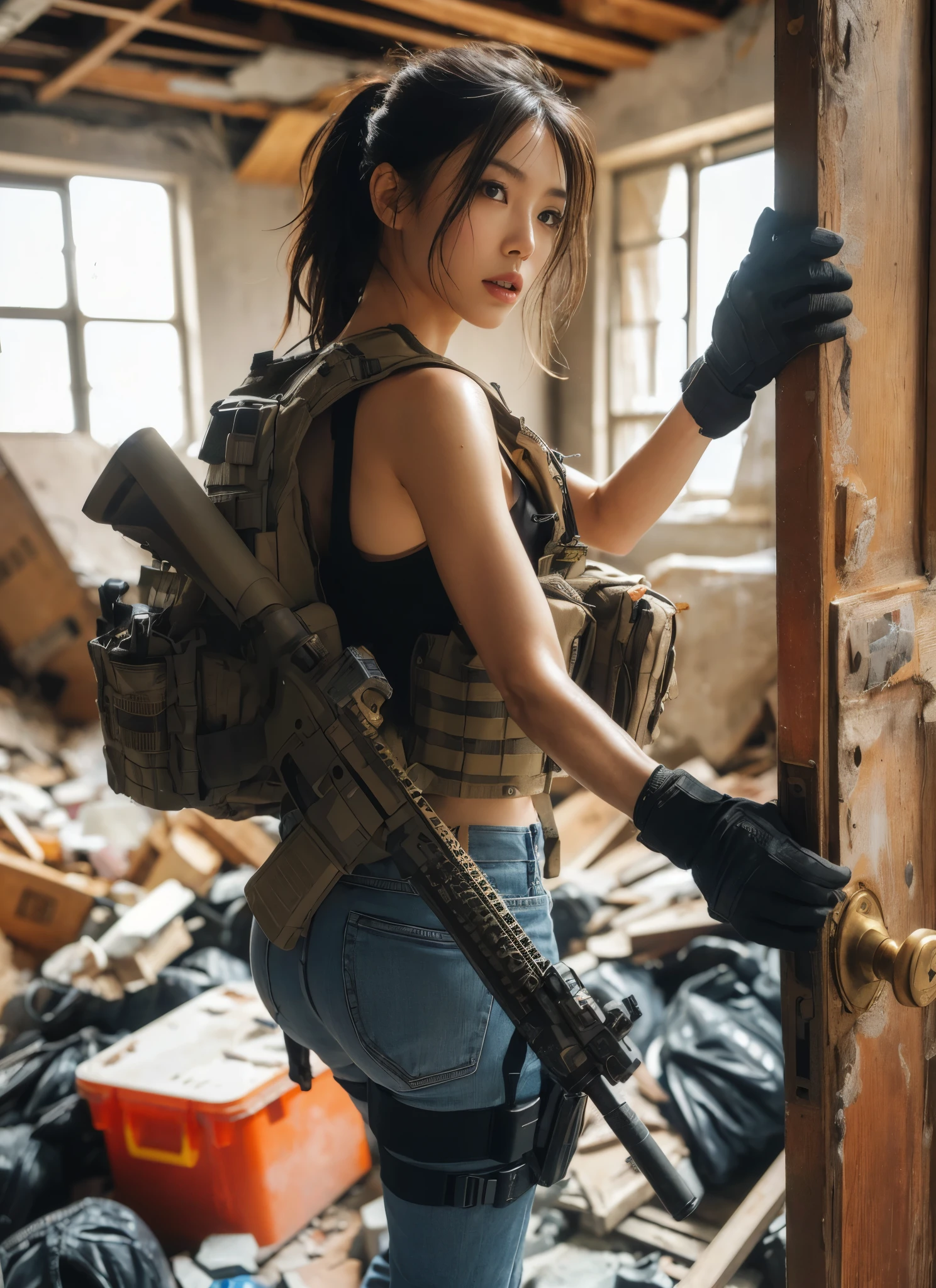 (highest quality,8k,Realistic photo:1.2),Very detailed,(Realistic,photoRealistic:1.37) Skin Texture,Beautiful Japanese woman in the US military,Carefully open the door through the rubble and enter the room.,Automatic rifle,Bulletproof vest,Backpack,Injured, intense expression, Dynamic pose, innovative configuration, Portraiture,Dramatic lighting,Colorful palette,Dust and smoke flying