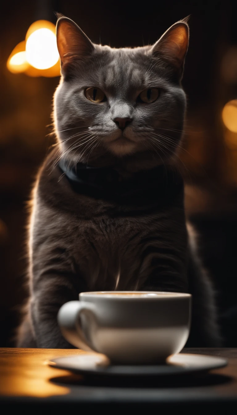 a angry gray cat in long sleeve shirt, cafe scene, hot coffee , hot steam from coffee , dark theme, mood and tone, light and shadow, realistic, 4k resolution, extreme long shot photo