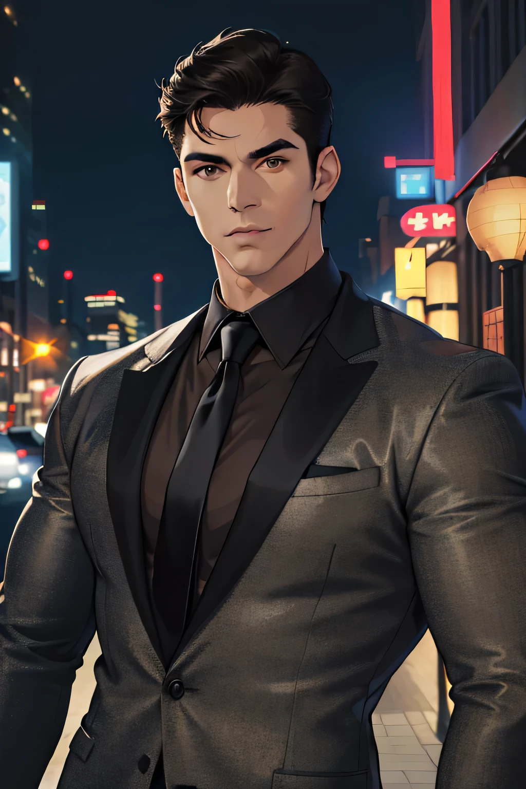 (absurdres, highres, ultra detailed, realistic, ), 1 male, solo, adult, mature, tall muscular guy, broad shoulders, handsome, very short hair, black hair, brown eyes, angular jaw, thick neck, thick eyebrows, night, dark, the night view of the city background, formal suit, necktie, upper body