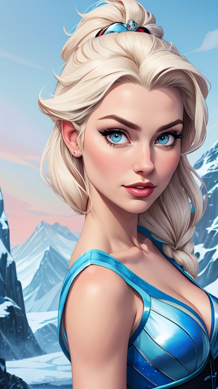 Beautiful cartoon style portrait mode pose character in dynamic pose two women together Queen Anna of Arendelle redhead with 1,60cm on the left and together with platinum blonde Elsa of Arendelle with 1,75cm straight with symmetrical body with corset and beautiful breasts, corpo bem definido, delicado e sensual, estilo de desenho animado, digital illustration Portrait mode 