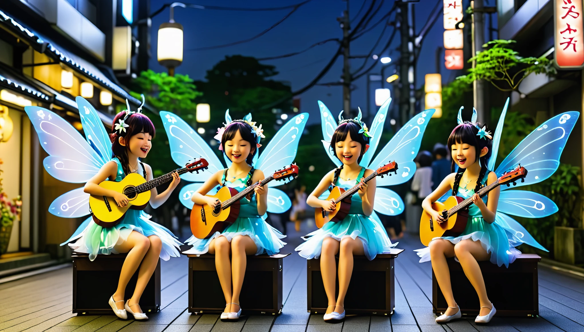 Fairies playing music in Tokyo at night