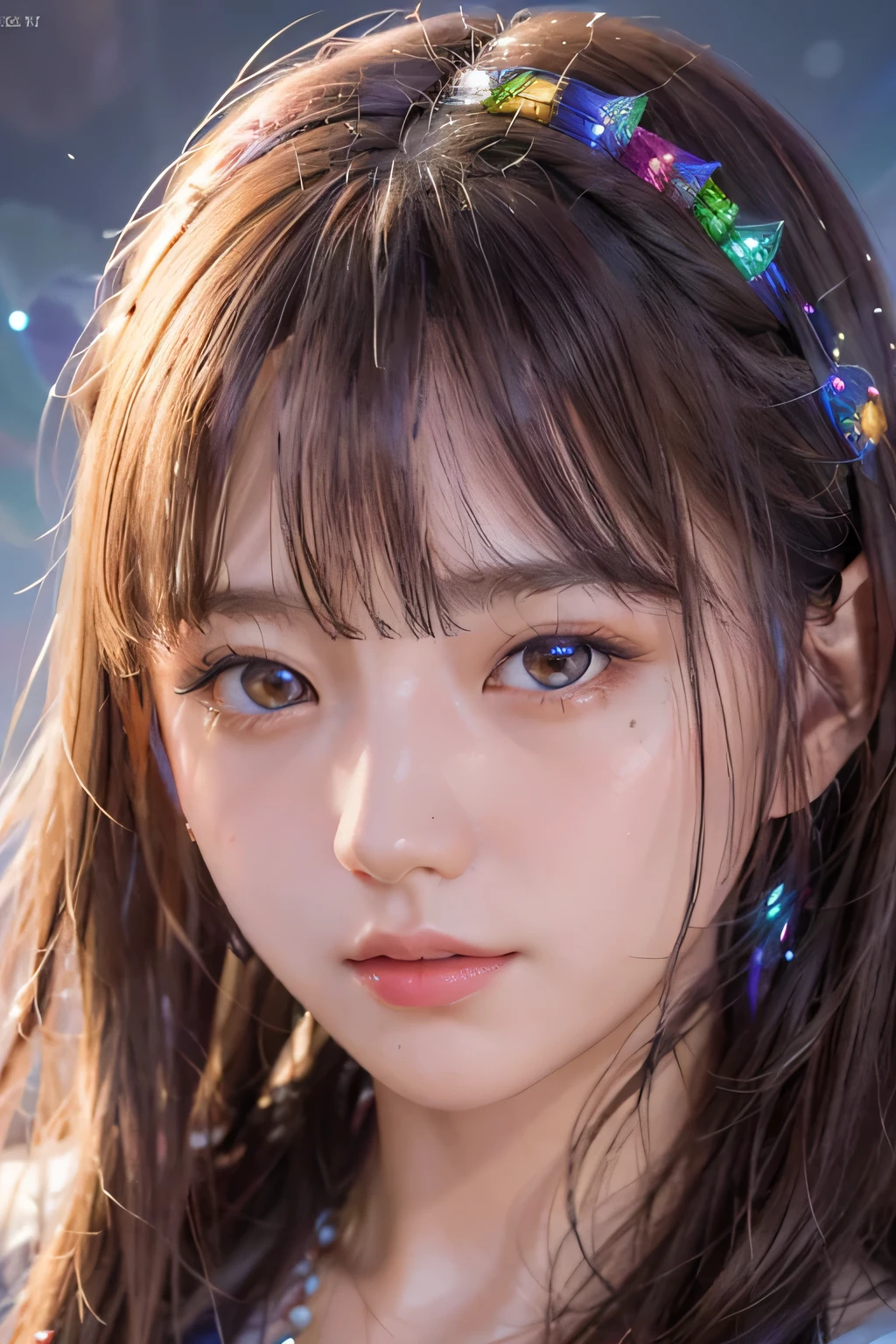 masterpiece, Awesome girl, pretty girl, bust, High Detail Eyes, Perfect Eyes, Portraiture, Highly detailed face, Same eyes, Glare, Rainbow-colored, Global Illumination, Soft Light, Dream Light, Digital Painting, 8K Close-up, Fantasy, Night Sky, performer, nebula, White crystals, moonlight, Tranquility, summer, (8K:1.1)