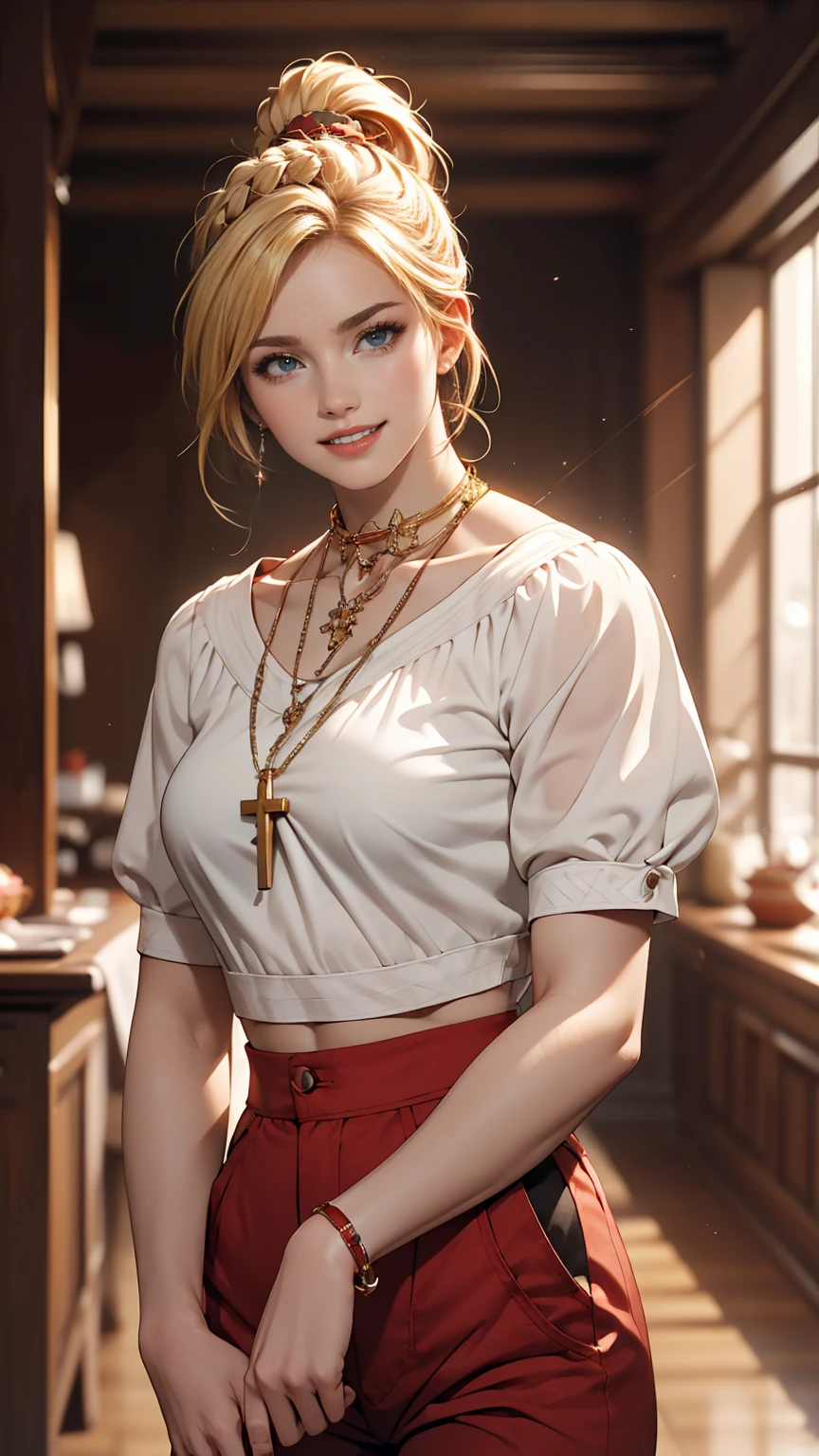 ((最high quality, 8K, masterpiece: 1.3, Ultra HD, high quality, 最high quality, High resolution, realism)) 、A 22-year-old extremely beautiful white woman、Hair color blonde、blue eyeedium Hair、Straight Hair、smile、Slender but well-proportioned body、Background blur((depth of field))、Aerial perspective((atmospheric perspective))、I want my head to stay off screen、Put an anklet on your ankle、Wearing red nail polish、I have a peticure、Surplice Neck((surplice neck))Wear a top from、Harlem Pants((harem pants))Wear、サンダルWear、Cross one's arms、smile、Braided ponytail((braided ponytail))