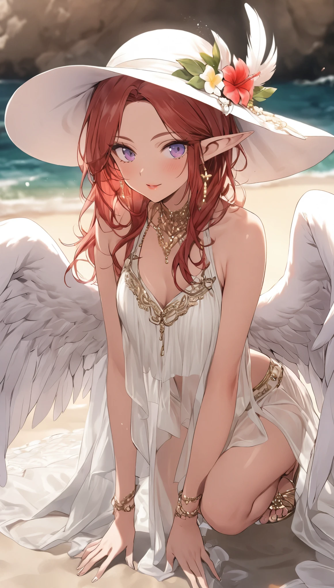 (highest quality、masterpiece、High resolution、detailed)、,BREAK,(beautiful anime)、1girl,elf girl,full shot,full body,red hair, BREAK //Fashions Beachside Swan Diva, This costume combines the elegance of a swan with the fun and flirty vibe of beachwear, Start with a sleek and stylish bikini in a solid color or with subtle swan-inspired embellishments such as feather-shaped accents or ruffled details, Accessorize with statement pieces such as a wide-brimmed sunhat adorned with feathers or a feathered headband for a playful touch, BREAK Layer on a sheer or lacy cover-up in white or pastel hues to evoke the graceful wings of a swan, Complete the look with metallic sandals or embellished flip-flops and oversized sunglasses for added glamour, For makeup, opt for dewy skin, bronzed cheeks, and glossy lips for a beach-ready glow, BREAK