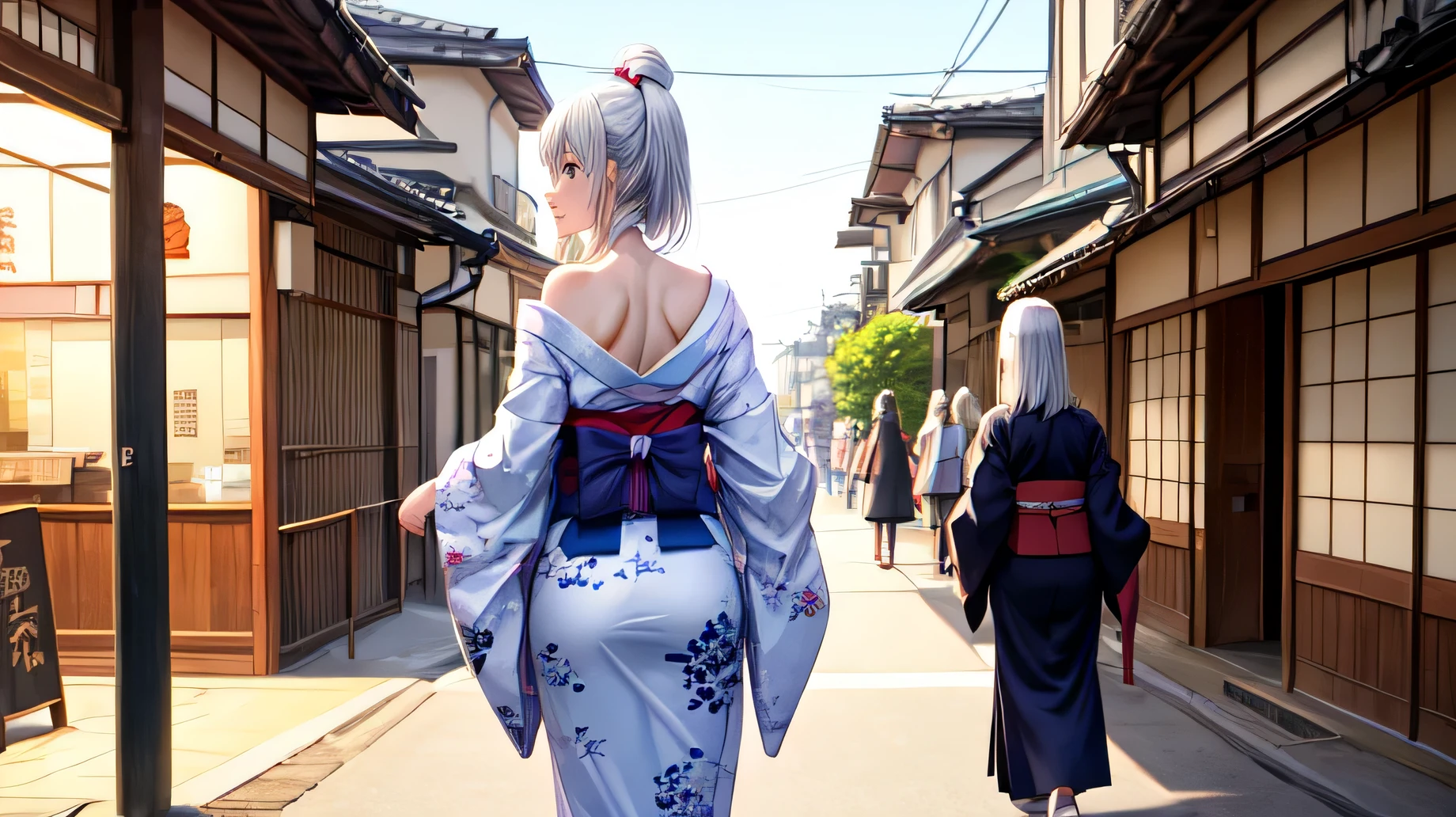  for anime,Back view,A beautiful white-haired woman wearing a Japanese kimono stands on the street