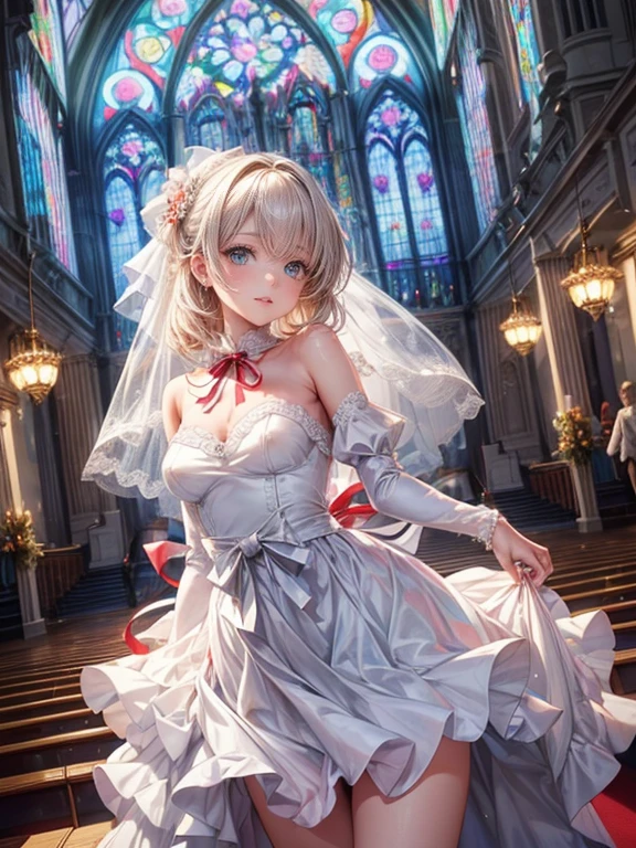 cowboyshot, masterpiece:1.2, 32k, ultra-detailed:1.2, photorealistic:1.37, cute bride in front of the church altar, (((big cute ribbon on the waist side:1.2))), beautiful delicate (hair, eyes, lips, skin, stained glass, background), blushed, gentle smile, sparkling eyes, platinum blond straight hair, pure white delicate wedding dress((bare shoulder, sleeve less)), vibrant colors illustration, bouquet toss joyfull poseing 