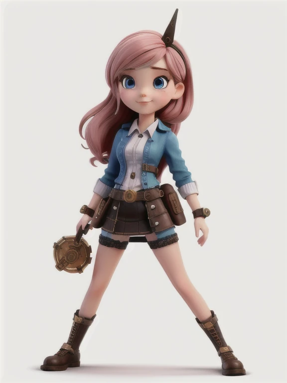 Top quality, steampunk, cute girl, miniskirt, fighting, white background