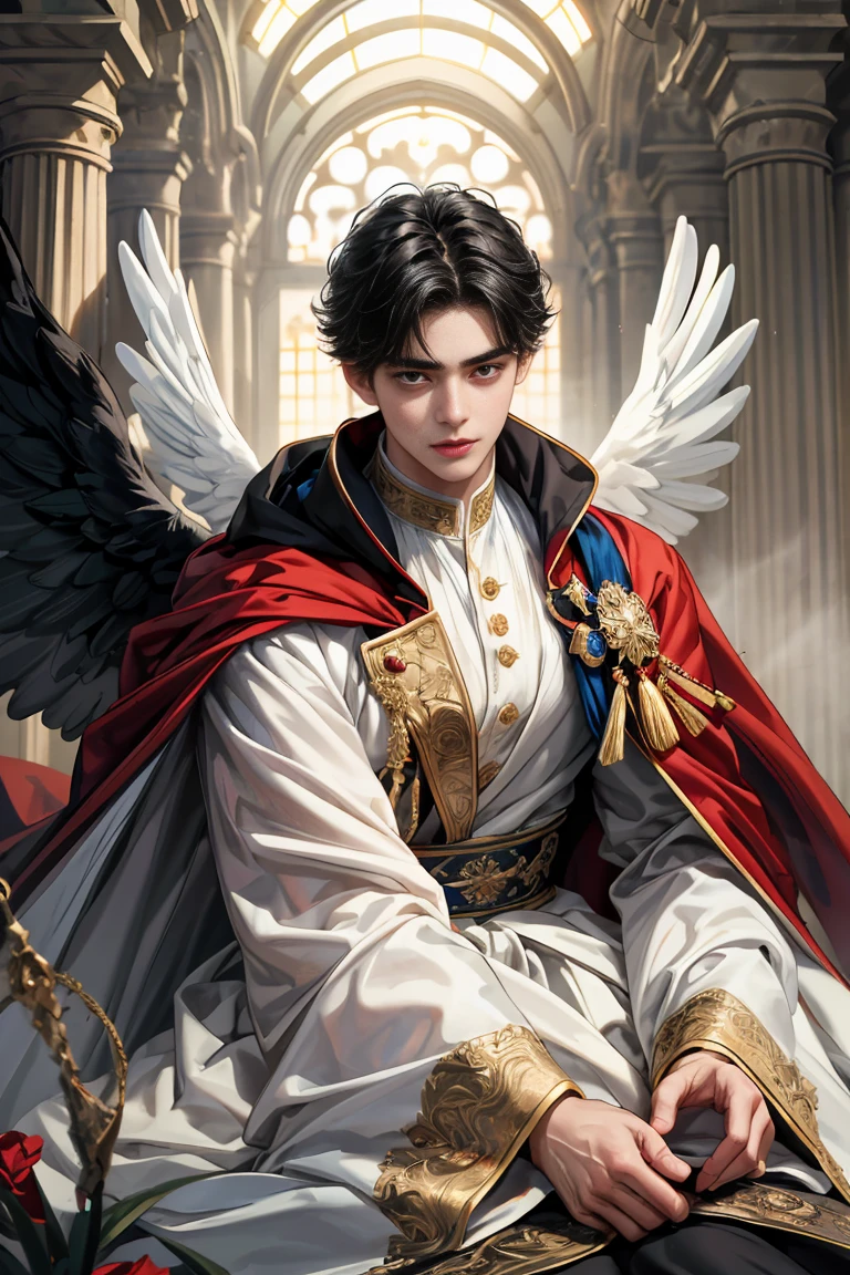 masterpiece, 最high quality, high quality, 1 boy, alone, Male focus, Watching the audience, Messy black hair, blue adorable big eyes, White, Noble, Noble, Beautiful angel、A very big, very big, very big, very long, long red and black cape made with a lot of fabric that reaches all the way down to the floor, ,cute beautiful boy,Cute, cute, kind, handsome guy