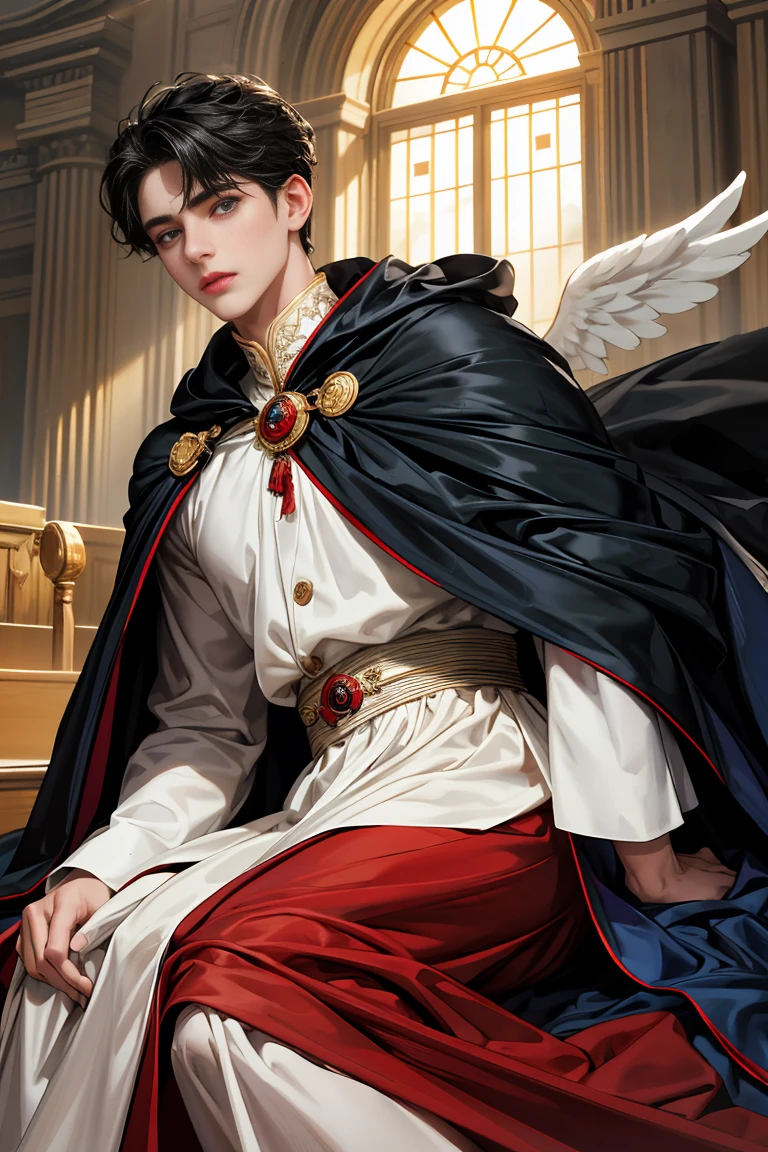 
masterpiece, 最high quality, high quality, 1 boy, alone, Male focus, Watching the audience,  Messy black hair, blue adorable big eyes, White, Noble, Noble, Beautiful angel、A very big, very big, very big, very long, long red and black cape made with a lot of fabric that reaches all the way down to the floor, ,cute beautiful boy,Cute, cute, kind, handsome guy