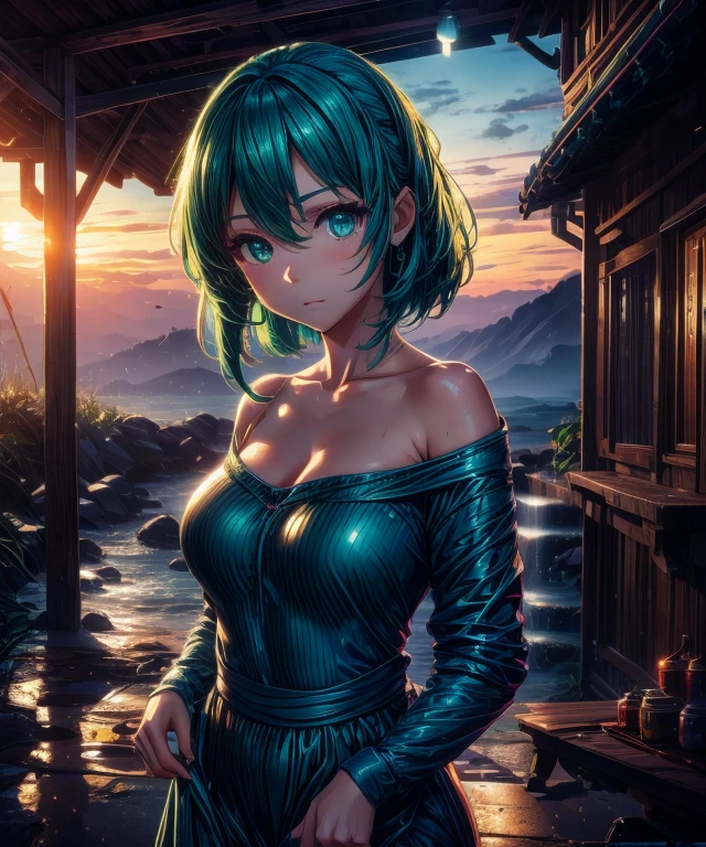 Best Quality, Masterpiece, Ultra High Resolution, (Realism: 1.4), Original Photo, 1Girl, Green Eyes, Off-the-Shoulders, Cinematic Lighting, Blue Hair, At Sunset