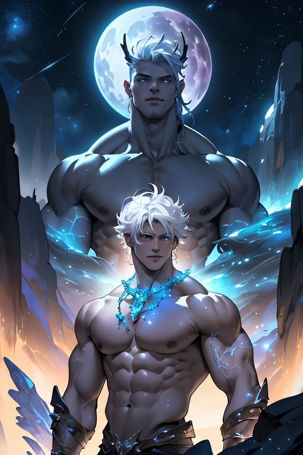 masterpiece, best quality, high quality,extremely detailed CG unity 8k wallpaper, (((MALE))) A young male muscle god, short white hair, red lines on her attractive face, elegant, very beautiful face, perfect face, youthful face, muscular cosmic god, shirtless, nearly naked, expression disinterested, attractive face, beautiful face, (detailled face) perfect muscles, huge, bodybuilder, transparent clothes, beads, stands in the center of a breathtaking white, black and gray nebula, illuminated by stars. 4K Fantasy Art, Detailed Fantasy Digital Art, 8K Fantasy Art, Fantasy Art Style, Elegant Cinematic Fantasy Art, Detailed Fantasy Art, Amazing Wallpaper, Epic Fantasy Art Style HD, Fantasy Matte Painting,Cute , Highly detailed 4K digital art, Fantasy art Landscape, Epic fantasy digital art style,hyler muscular hunk