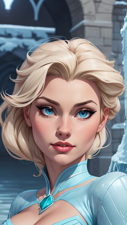 Beautiful portrait mode pose Cartoon character character in dynamic pose two women together redhead Queen Anna of Arendelle redhead with 1,60cm on the left and together with platinum blonde Elsa of Arendelle with 1,75cm straight with symmetrical body with corset and beautiful breasts, corpo bem definido, delicado e sensual, estilo de desenho animado, digital illustration Portrait mode 