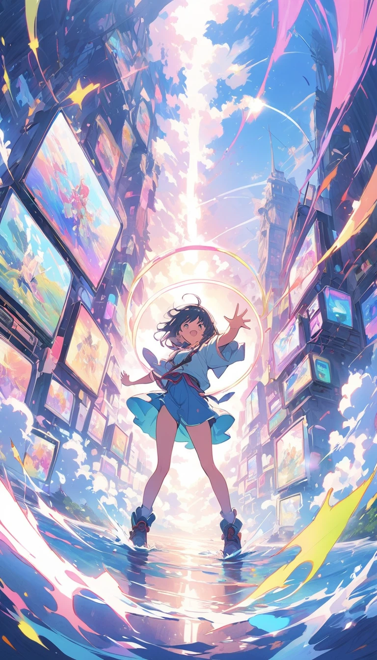 anime style, super fine illustration, highly detailed, dynamic angle, beautiful detailed, 8k, In front of numerous cathode-ray tube televisions, BREAK various programs are being broadcasted. A woman gazes at them, BREAK smiling amidst the colorful scenes.(highest quality、masterpiece、High resolution、detailed)animeスタイル、flat style、(Shining Eyes、detailed美しい顔),  BREAK,Dynamic Angles、anime