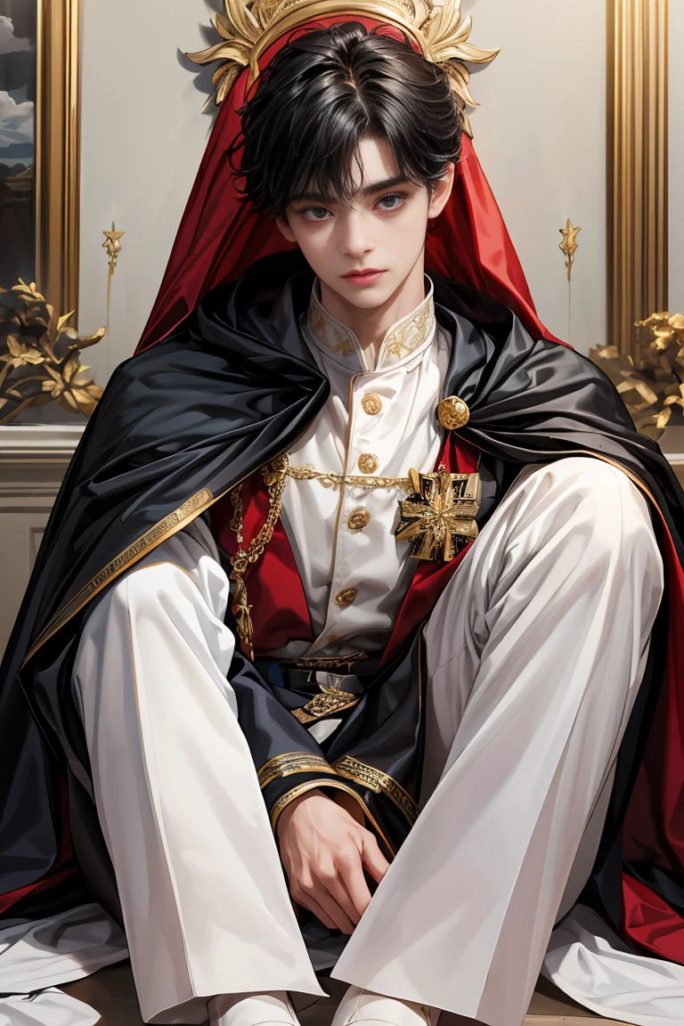A young priest with short black hair, blue eyes, attractive features and quite handsome, sitting in the Church with his penis out of his pants 