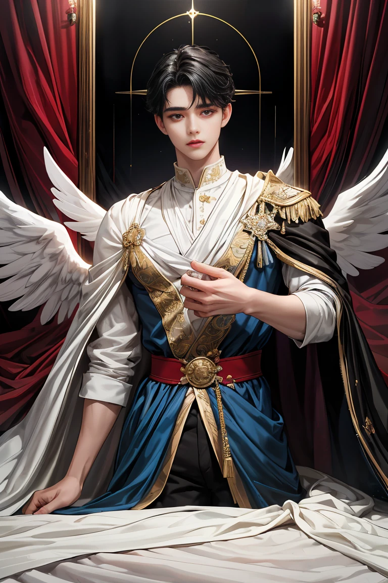 
masterpiece, 最high quality, high quality, 1 boy, alone, Male focus, Watching the audience,  Messy black hair, blue adorable big eyes, White, Noble, Noble, Beautiful angel、A very big, very big, very big, very long, long red and black cape made with a lot of fabric that reaches all the way down to the floor, 17 years old,cute beautiful boy,cute cute handsome boy