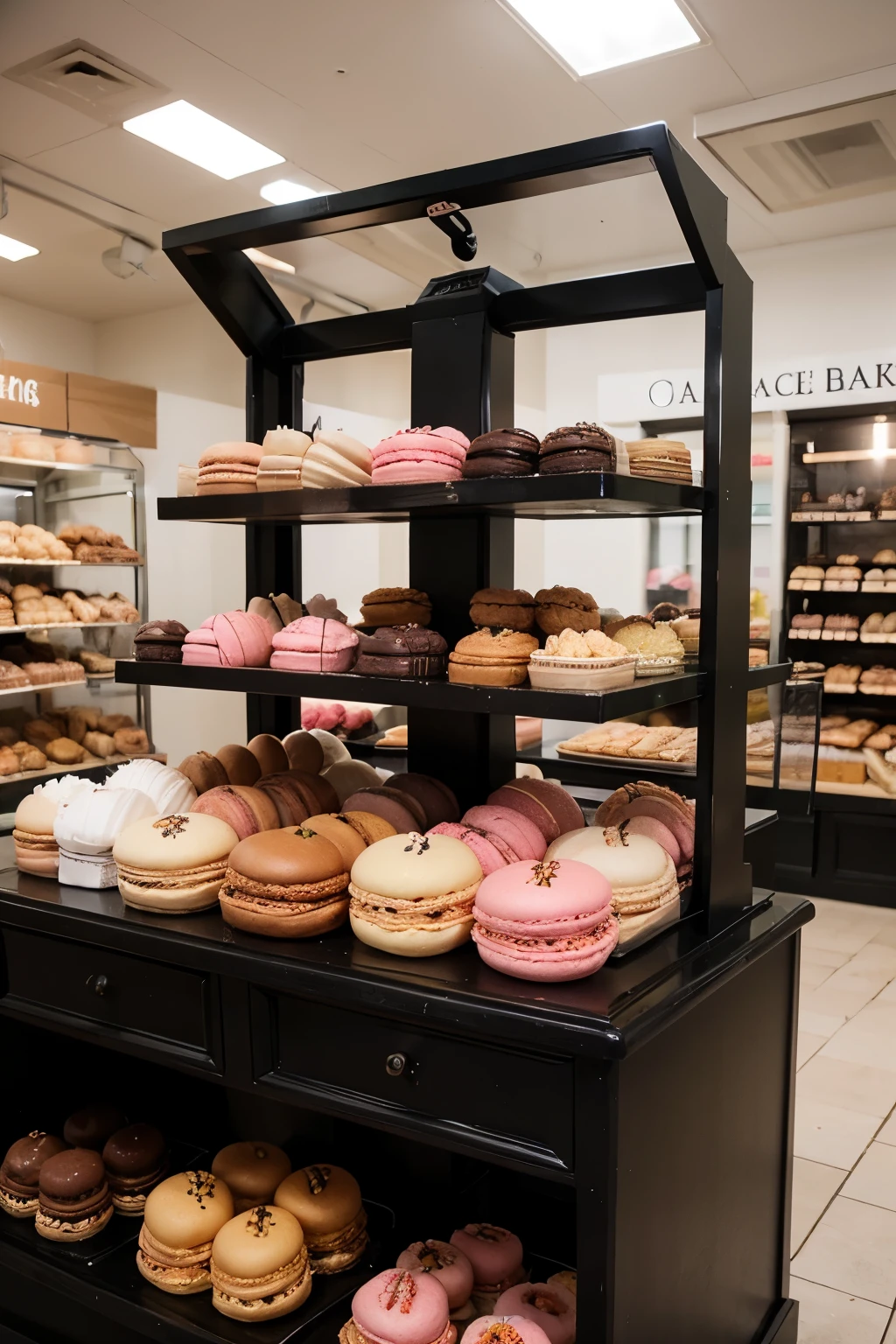 generate a dark grey themed bakery display with pink and vibrant yellow macaroons on display stands from a proffesional photographers perspective 
