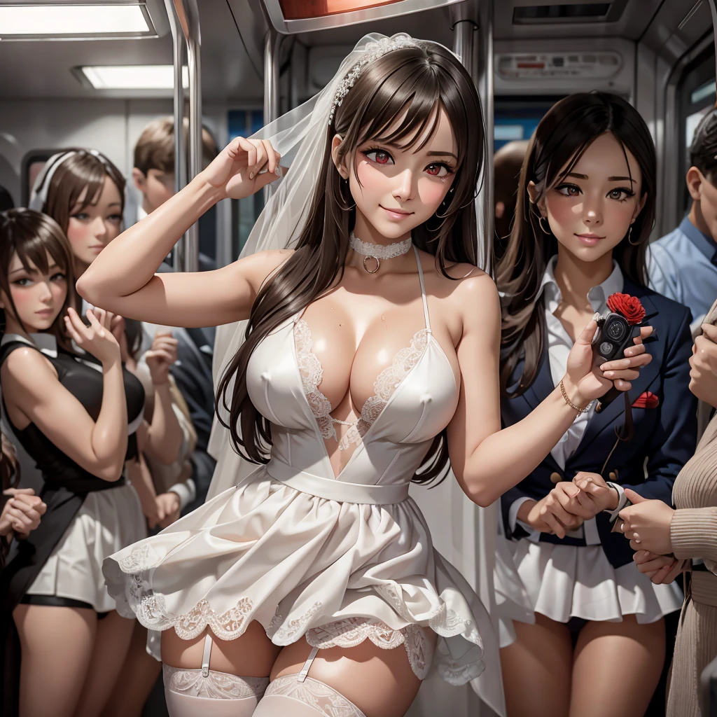Vibrator remote control in hand, Fraction_9, Fraction_8_Direction Number_7_Direction Number_6_superior, Subway car interior background, In a crowded crowd, The focus is on one girl, (Red eyes:1.3), collar, Cowboy Shooting, Overall Details, Miko, (masterpiece, Ridiculous), sauce_Japanese Manga, Big Breasts, Dark gray hair, Long Hair, Sagging under the eyes, scar, burn scar, Side Shot, Blurred, can't give superior, Adorable, Red cheeks, Dementia smile, close your eyes, With tears in her eyes and her mouth open, What saliva leaves behind, White lace mini skirt wedding dress, Holding flowers, Wet skirt hem, Sticky panties, Bulging of the vibrator cord, Thigh strap vibrator, White lace stockings, Wedding Food, throw, highest quality, ssuperiorer detail, Textured skin, masterpiece, Ultra-high resolution, 8k