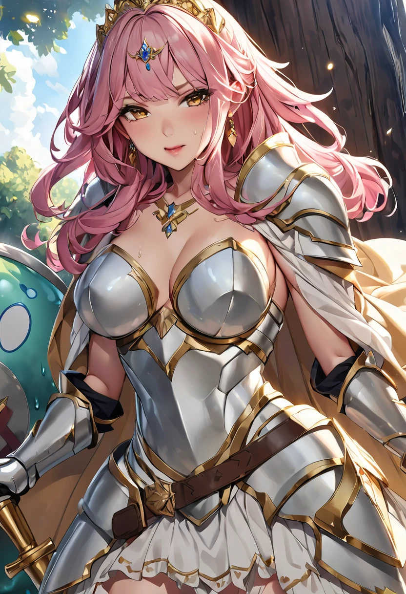 NSFW, masterpiece、highest quality、Ultra-high resolution、Maximum resolution、very detailed、Professional Lighting、anime、Adult women、thin、so beautiful、Beautiful face、Armored Dress、Pure white full-plate armor、Shiny Armor、Golden decoration、Gorgeous tiara、Golden earrings、Frilly Armor、Pink Hair、Golden Eyes、Pink Lips、gold belt、Cape、Destroyed Armor、Combat Ready、With gorgeous sword and shield、In front of the big tree、Attacked by slime