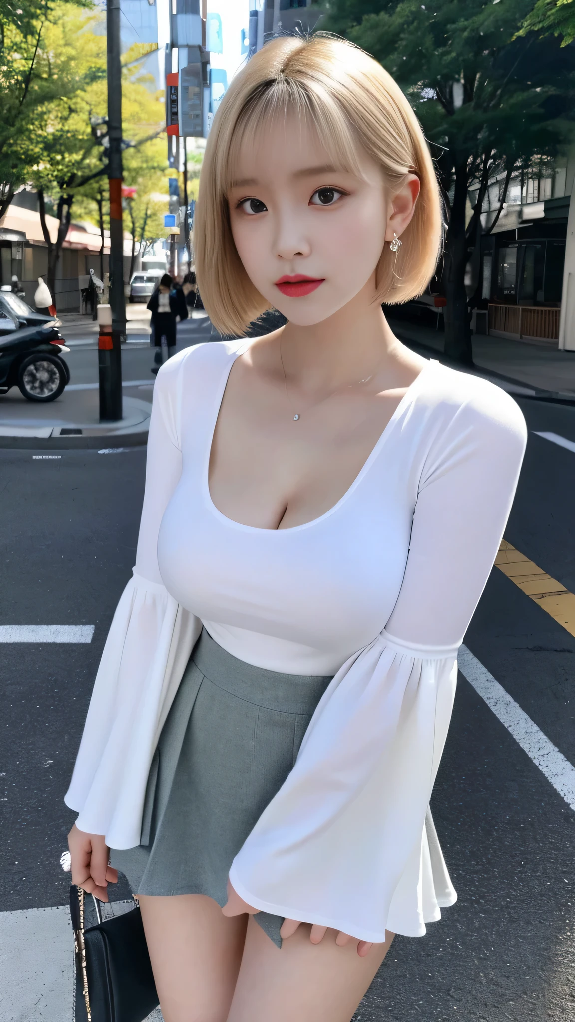 (最high quality), high quality, Very High resolution, (Super detailed), 8k, (Ultra-realistic),Ray Tracing, cyber punk, ((masterpiece)), shape, Photorealistic, wonderful, finely, Very detailed, High resolution, Very detailed, unity 8k wallpaper, Full body shot of a beautiful young woman with Korean-style features resembling a popular actress, Bell Sleeve Blouse, skirt, Knee-high, White sneakers, (Very small breasts), thin, She has pink and bluish eyeshadow, bangs, blonde, short hair, head, and arms. Standing and looking at me, Tokyo, Narrow Road, Uses Ray Tracing and Volumetric Lighting. Narrow eyes, Long and narrow eye shape, Three white eyes, Confident expression, Evil look, Very slender and beautiful legs, Beautiful and thin thighs, Earrings,
