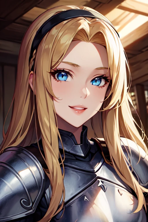 beautiful woman, blonde, blue eyes, knight, armor, smiling, brown hairband, glowing, thick lips, mascara