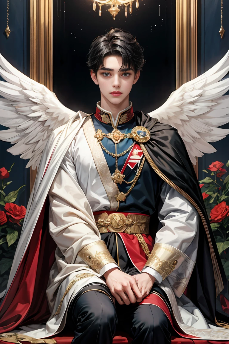 masterpiece, 最high quality, high quality, 1 boy, alone, Male focus, Watching the audience, Messy black hair, blue adorable big eyes, White, Noble, Noble, Beautiful angel、A very big, very big, very big, very long, long red and black cape made with a lot of fabric that reaches all the way down to the floor, ,cute beautiful boy,cute cute handsome boy