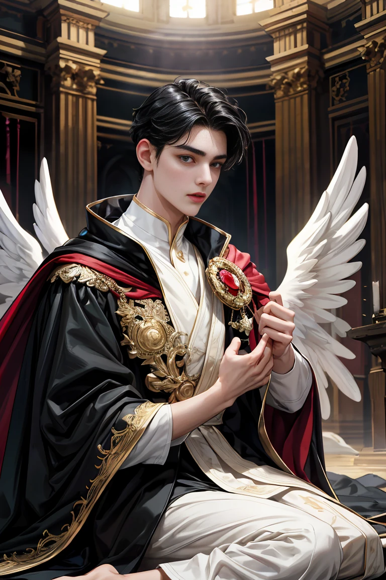 masterpiece, 最high quality, high quality, 1 boy, alone, Male focus, Watching the audience, Messy black hair, blue adorable big eyes, White, Noble, Noble, Beautiful angel、A very big, very big, very big, very long, long red and black cape made with a lot of fabric that reaches all the way down to the floor, 17 years old,cute beautiful boy,cute cute handsome boy