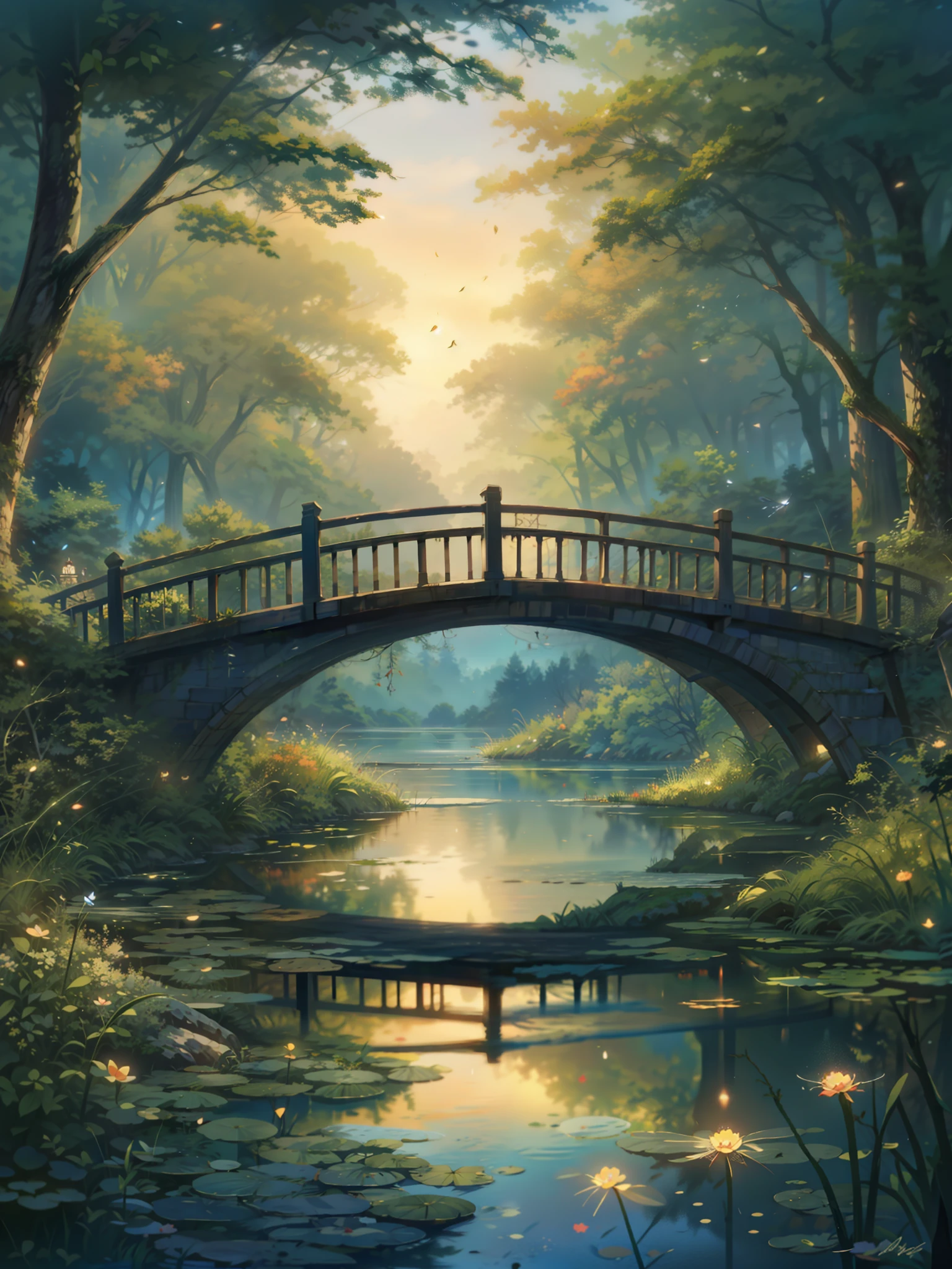 a painting of a bridge over a pond, whimsical fantasy landscape art, romantic storybook fantasy, dream scenery art, magical forest with fireflies, anime scenery, beautiful fantasy painting, fairytale artwork, fairytale painting, cozy night fireflies, anime landscape, storybook art, magical fantasy forest, anime fantasy artwork, very beautiful fantasy art