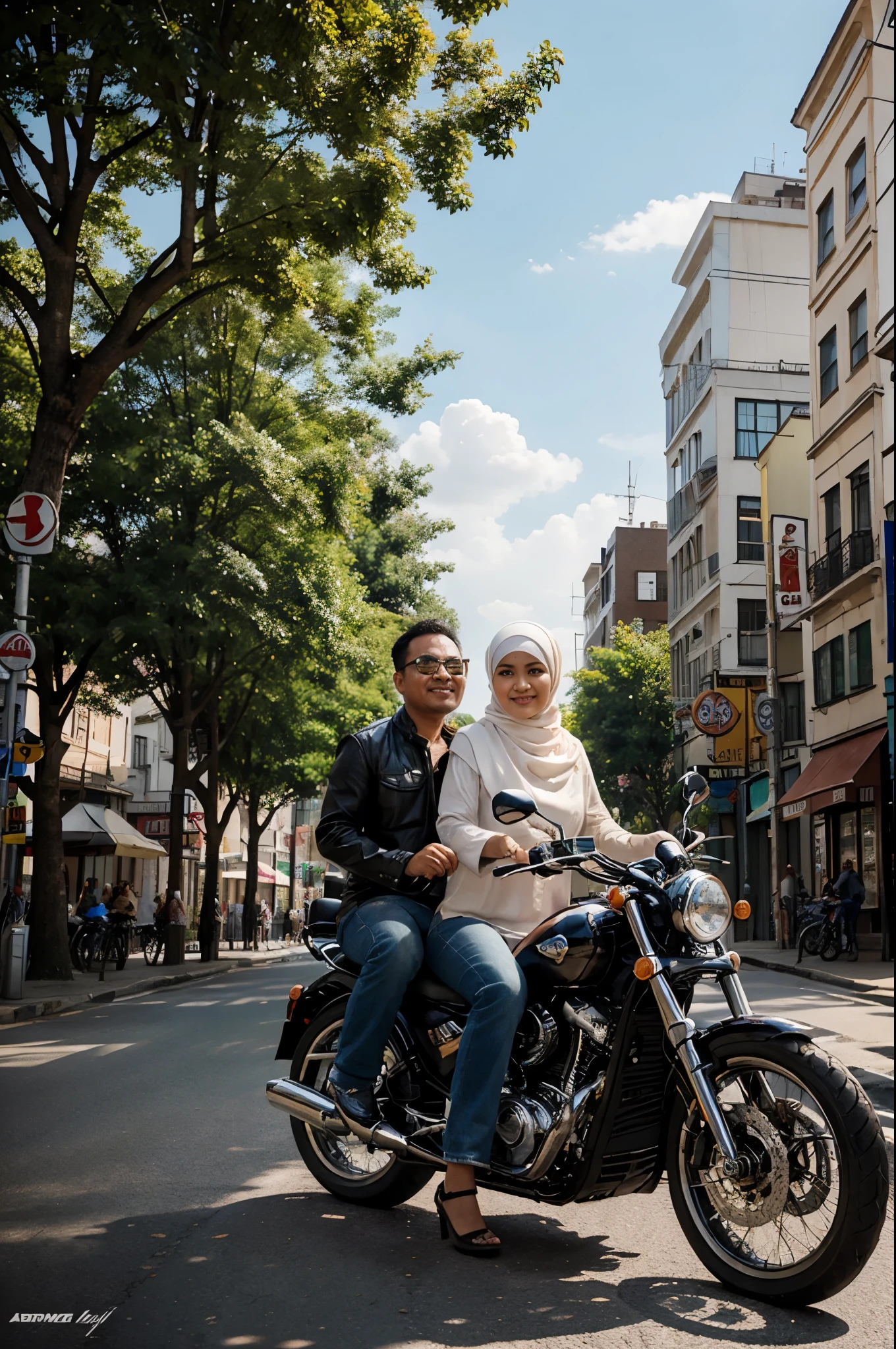 a caricature big head of couple indonesian man and hijab women riding a motorcycle in the sunny days in a city street with cars and people, poster art, highly detailed digital painting, UHD.