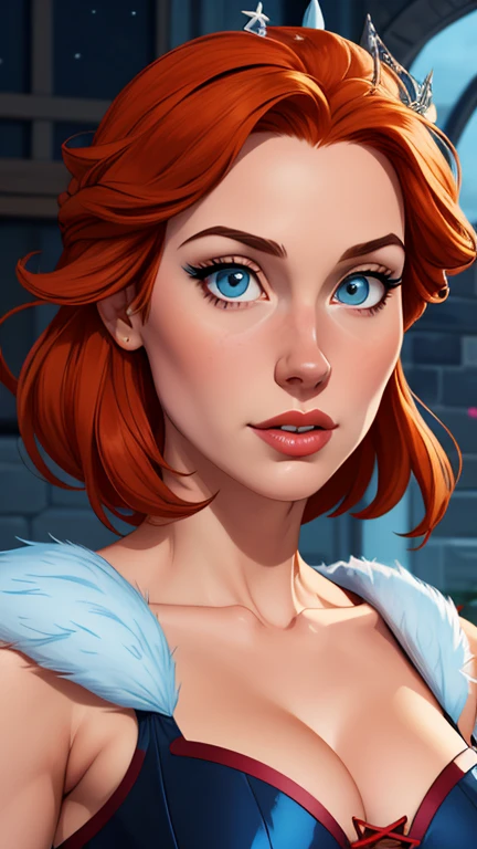 Beautiful portrait mode pose Cartoon character character in dynamic pose two women together redhead Queen Anna of Arendelle redhead with 1,60cm on the left and along with a symmetrical body with corset and beautiful breasts, corpo bem definido, delicado e sensual, estilo de desenho animado, digital illustration Portrait mode 