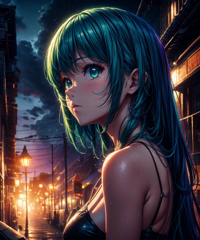 Best Quality, Masterpiece, Ultra High Resolution, (Realism: 1.4), Original Photo, 1Girl, Green Eyes, Off-the-Shoulders, Cinematic Lighting, Blue Hair, At Sunset