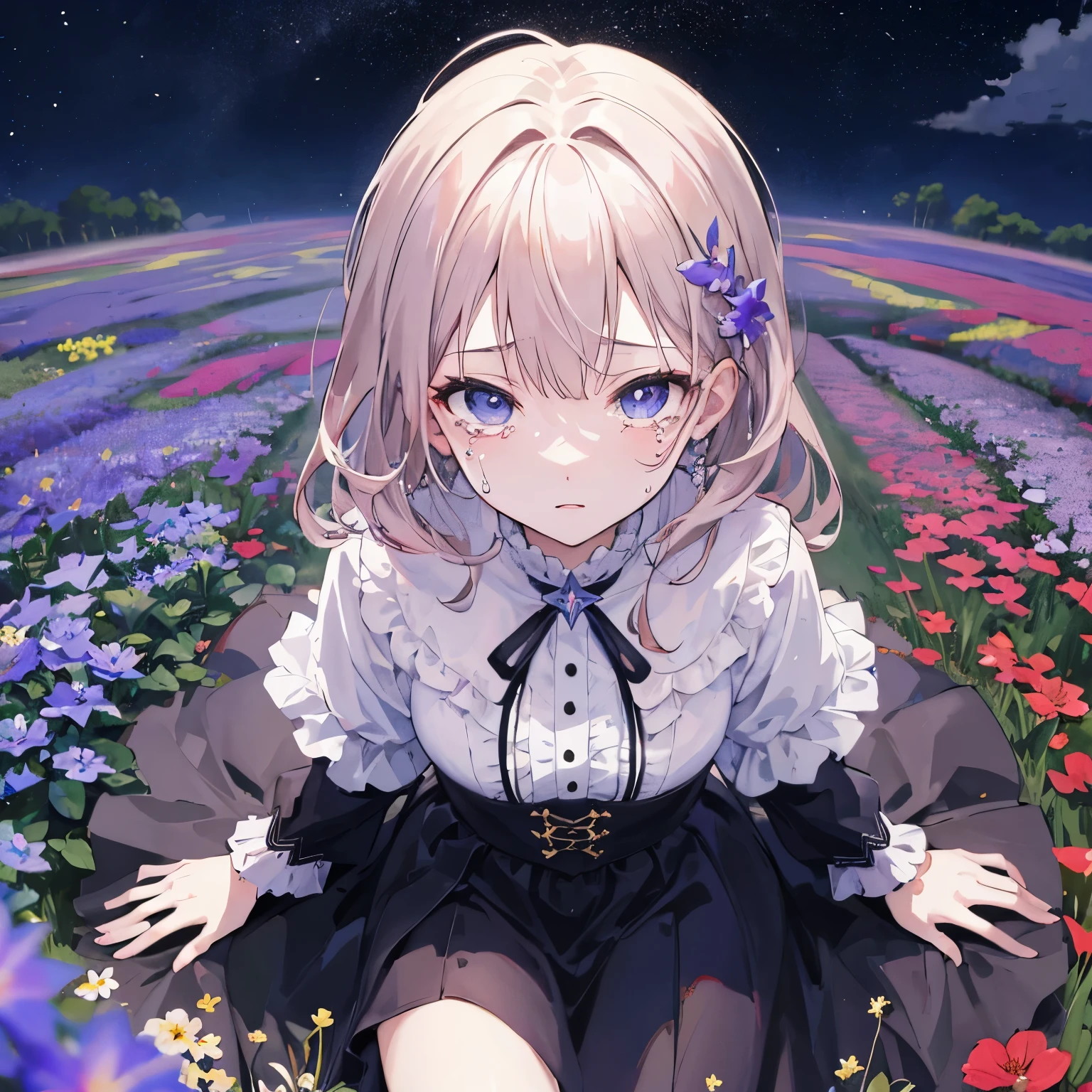 ((highest quality)), ((masterpiece)), (detailed), Perfect Face、anime、Surrounded by flower fields、Are crying、The whole body is visible、View from above、night、I can see my feet、Sitting on the ground、Face forward