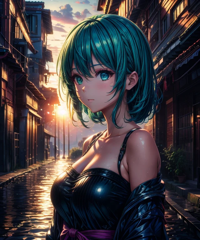 Best Quality, Masterpiece, Ultra High Resolution, (Realism: 1.4), Original Photo, 1Girl, Green Eyes, Off-the-Shoulders, Cinematic Lighting, Blue Hair, At Sunset