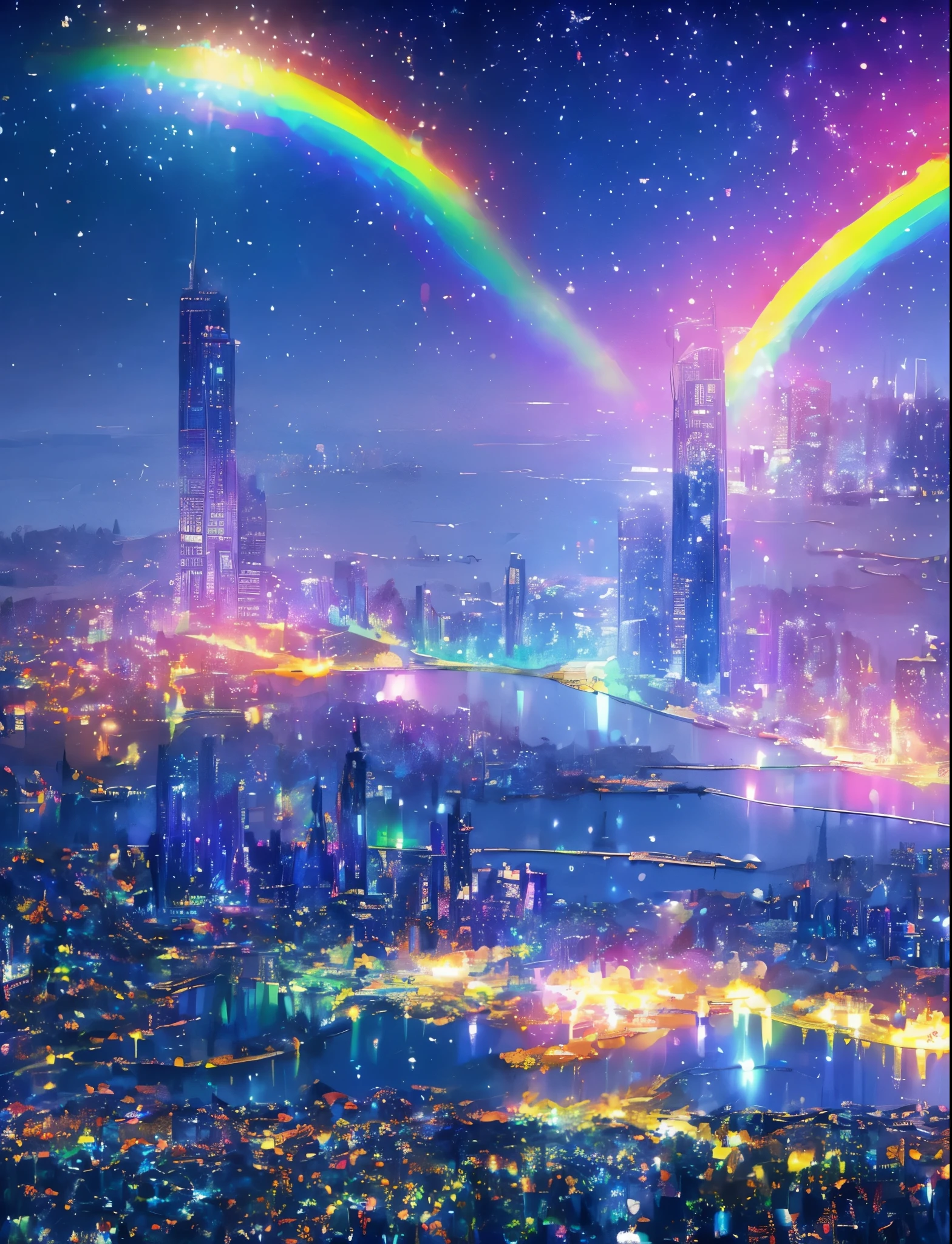 Colorful Metropolitan Museum of Art、Painting of a river with stars and moon in a rainbow sky、Met、輝くskyscraper、Shine overall、skyscraper、Concept art inspired by Tosa Mitsuoki、Pixiv Contest Winners、highest quality、Fantasy art、Beautiful anime scene、Bright Moon、Moonlight Star Environment、Dream Painting、Anime Background Art、Fantasy Landscape Painting、Fantasy Knight、Anime Background、Background artwork、Great art、Atmospheric anime、Starry Sky、details enhanced。