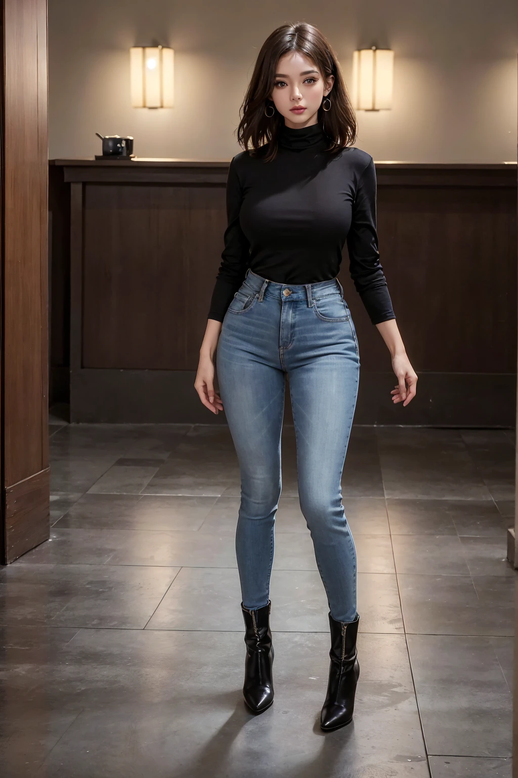 (((full image:1.5, full body, standing:1.8, facing viewer, the front body facing directly to the front of camera, show body from head to toe))), huge breast:1.5, tall body,slim body:1.1, fit body, pale skin, short hair with updo, ((standing)), a woman wearing long sleeves shirt, wearing tight jeans, boots heels. High quality:1.3, Professional lighting:2.0, realistic:1.2, 4k resolution, detailed skin, finely detail, masterpiece:1.1, centered image, indoor at studio.