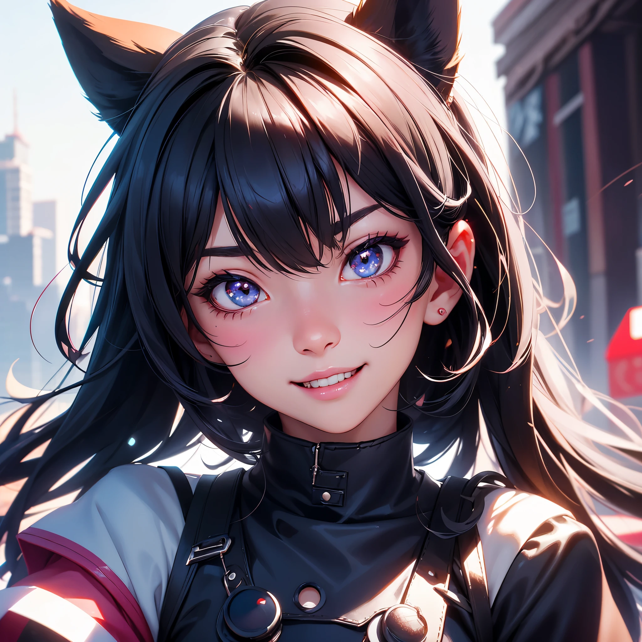 black hair, hair bobbles, wince, longeyelashes, solid circle eyes, fake animal ears, light smile, ear blush, fang, Surrealism, drop shadow, anaglyph, stereogram, tachi-e, pov, atmospheric perspective, 8k, super detail, ccurate, best quality