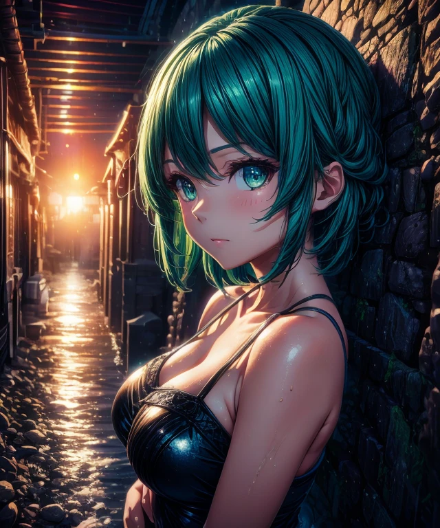 Best Quality, Masterpiece, Ultra High Resolution, (Realism: 1.4), Original Photo, 1Girl, Green Eyes, Off-the-Shoulders, Cinematic Lighting, Blue Hair, At Sunset