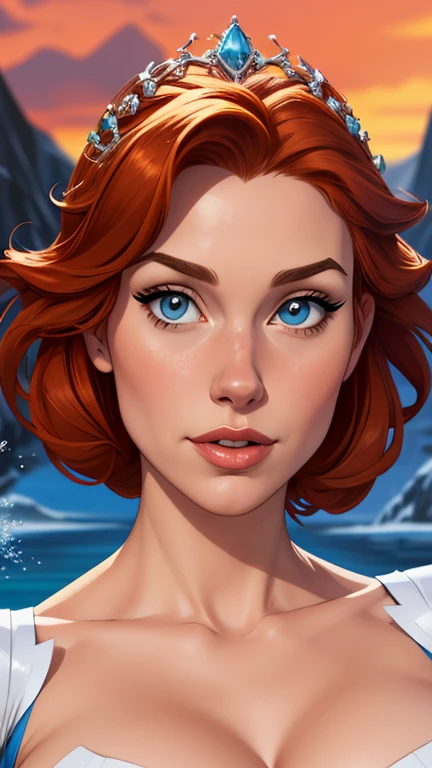 Beautiful portrait mode pose Cartoon character character in dynamic pose two women together redhead Queen Anna of Arendelle redhead with 1,60cm on the left and along with a symmetrical body and beautiful breasts, corpo bem definido, delicado e sensual, estilo de desenho animado, digital illustration Portrait mode
