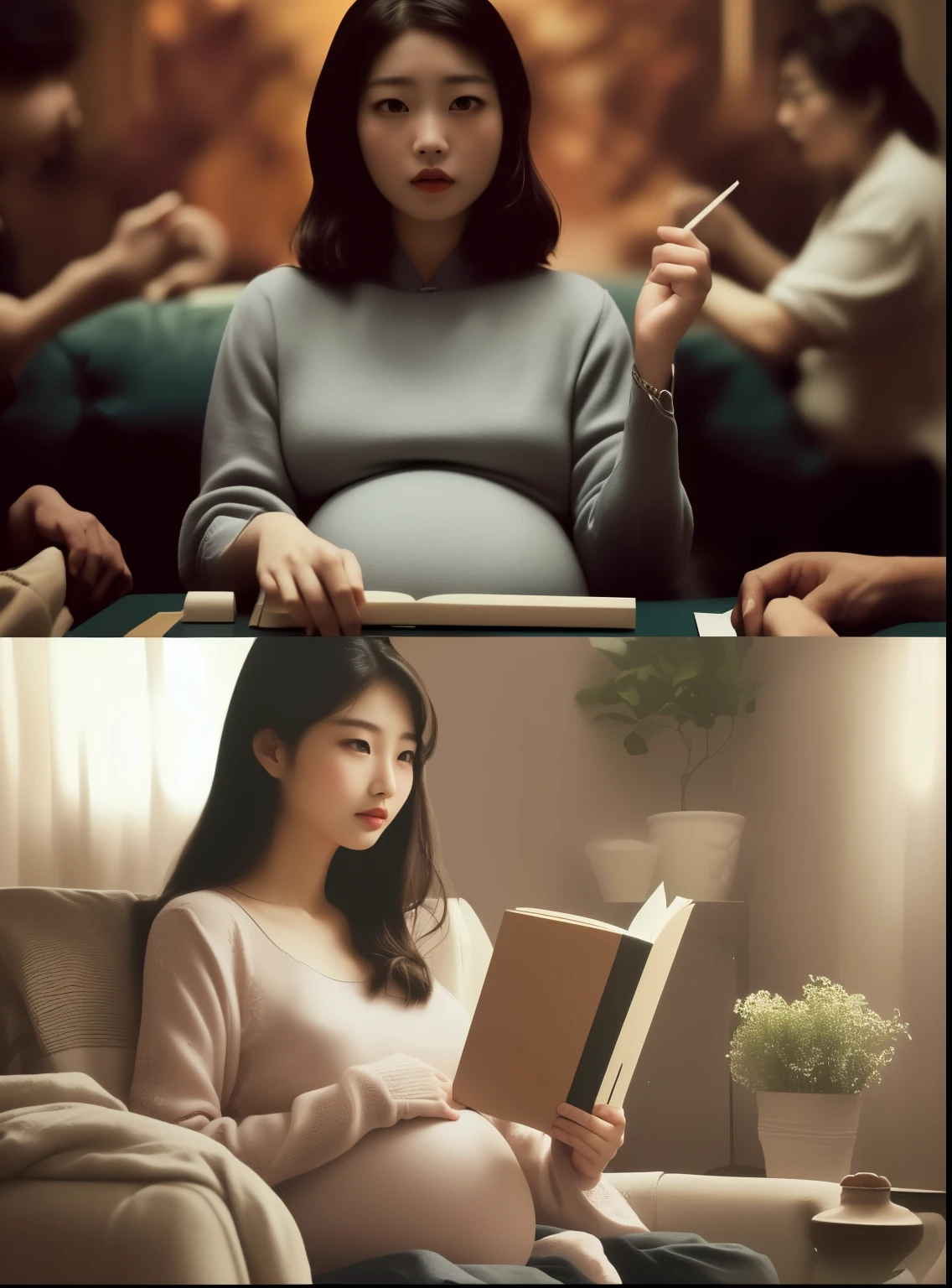 There are two photos，A beautiful Chinese woman sitting on the sofa，Holding a book in hand, She is studying hard.，illustration, realistic lens, 懷pregnant, Bae Suzy, looks realistic, very realistic effect，Another photo, 一个女人怀pregnant时抽烟，Play mahjong，cigarette, November, parody, pregnant, inspiration, cinematic contrasted lighting, Realistic masterpiece, Semi-realistic, Semi-realism, Badass composition, feeling of maternal love, Very very realistic, matriarchal