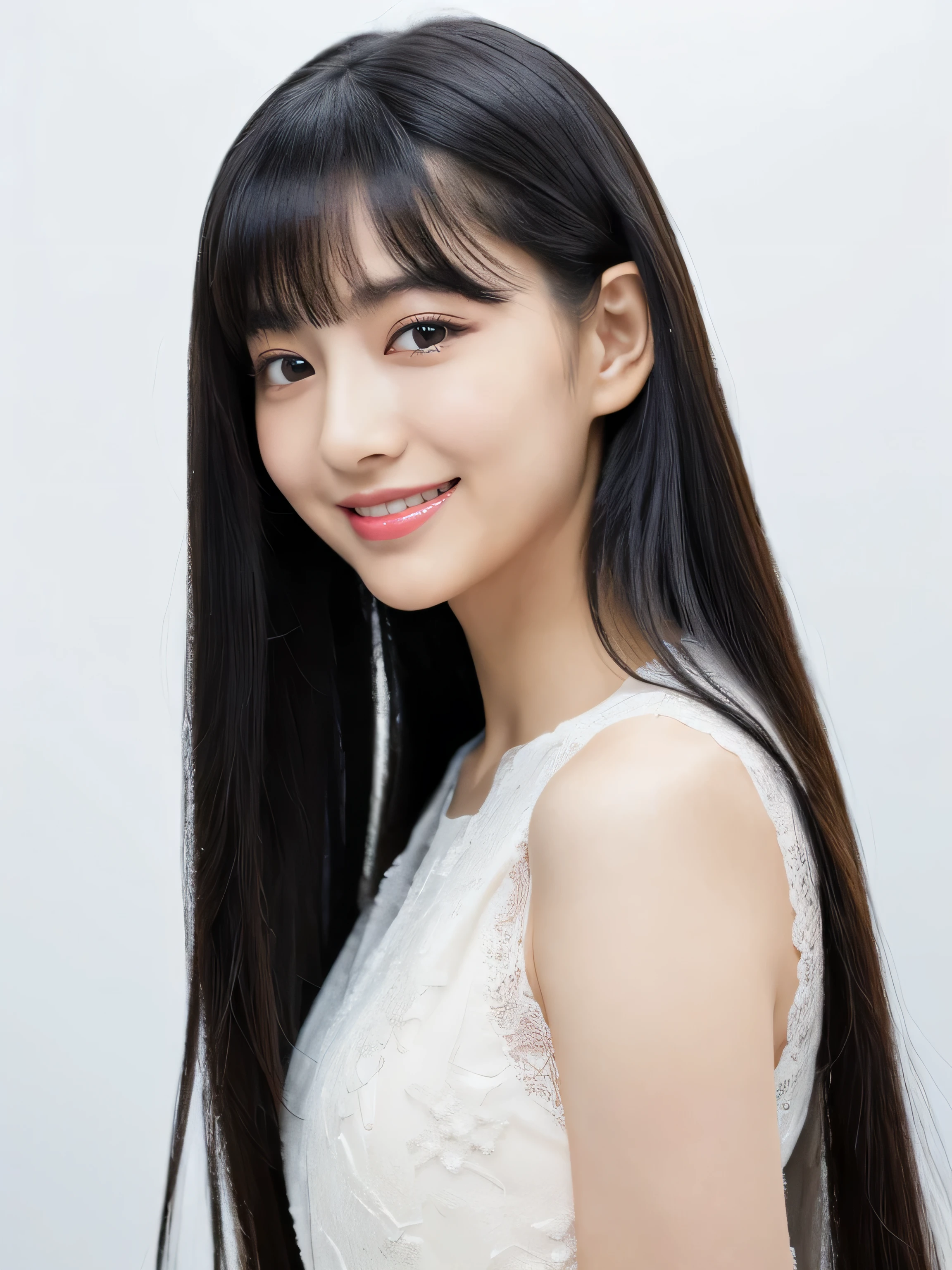 (Pure white wall background:1.3 and a white bed:1.There are three) (Photo of upper body from waist up) (Japanese solo photoshoot'The most beautiful 12-year-old junior high school girls)) ((Her deep black hair is incredibly straight and extremely long. Extremely Long Hair Very high quality, Shiny deep black Absolutely Extremely Long Hair Extremely Long Hair、Absolutely Extremely Long Hair with Beautiful Deep Black Absolutely Extremely Long Hair with deep black hair and high quality Extremely Long Hair like silk Absolutely Extreme Long Hair with Deep Black Hair Extremely Long Hair with Deep Black Hair of High Quality Thin hair And that is'rich Extremely Long Hair with very detailed and high quality deep black hair)) ((highest quality)), ((masterpiece)), (familiar) (Get used to it) Perfect Face (Her skin is a typical Japanese skin color.....、Very detailed) (She is wearing a white dress with lots of lace.) (She has a beautiful face and a typical Japanese figure..., Narrow eyes.) (Her bangs Well Organized) (She has the perfect 12 year old light makeup and face Lipstick is light red A solid eyeliner) ((rich 1.4)) (Extremely detailed 8K) (Stable Diffusion Model) (Ultra-fine skin texture 1.4) (Actual, Vibrant:1.4), double eyelid Sharp focus:1.2、Beautiful woman:1.4 Dynamic Lighting (Genuine RAW photos taken by professional photographers) (Her long bangs、Well Organized) (Turn your whole body to the viewer) Professionally lit from the front (She is looking at the viewer with her mouth wide open and a big smile.) Her name is Takaki_truth love