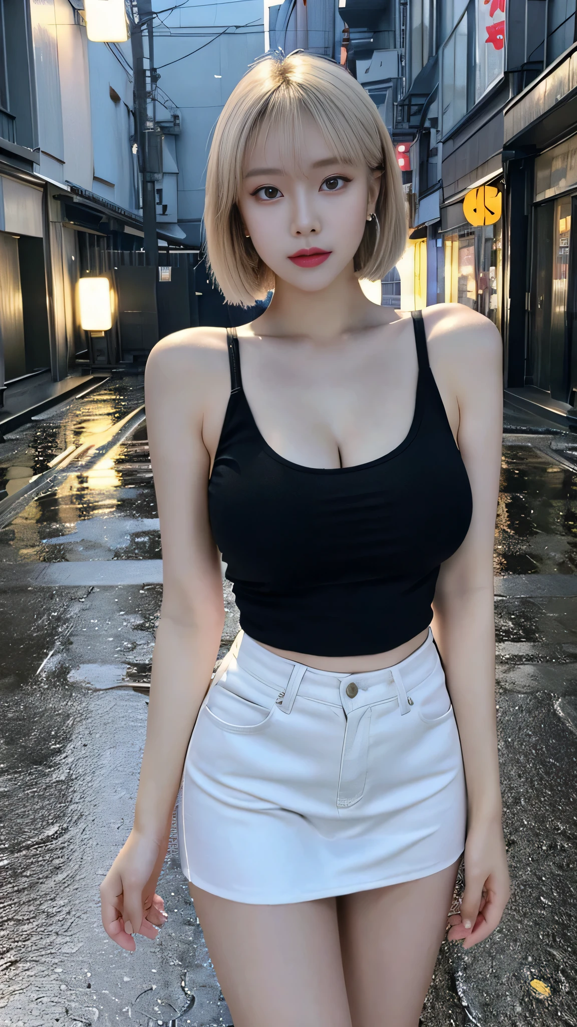 cyber punk,master piece, highest quality, masterpiece, figure, realistic, photo-realistic, wonderful, finely, Super detailed, High resolution, very detailed, Unity 8k wallpaper, Full shot of a beautiful young woman with Korean features resembling a popular actress. black tank top, skirt, white sneakers, small breasts, Thin, Her exposed skin glistens with droplets from a heavy rain. She has pink and bluish eyeshadow, bangs, blonde, short hair, head, and arms. standing and looking at me, Tokyo's narrow streets, Heavy rain and puddles reflecting. Uses ray tracing and volumetric lighting. narrow eyes, elongated eye shape, Three white eyes, A confident expression, evil look, very slender and beautiful legs, Beautiful very thin thighs, earrings,