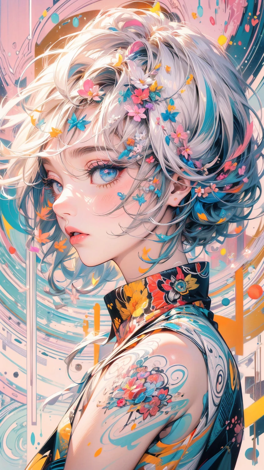 (masterpiece, High resolution, highest quality), Composition from head to thighs:1.3, Upper body focus, 20-year-old woman, short hair, Avant-garde makeup, fashionable, Disorganized, Shimmering, aura, abstract design, artistic juxtapositions, contrast, mixed-media approach, Anime Style, Simple lines, Digital Painting,