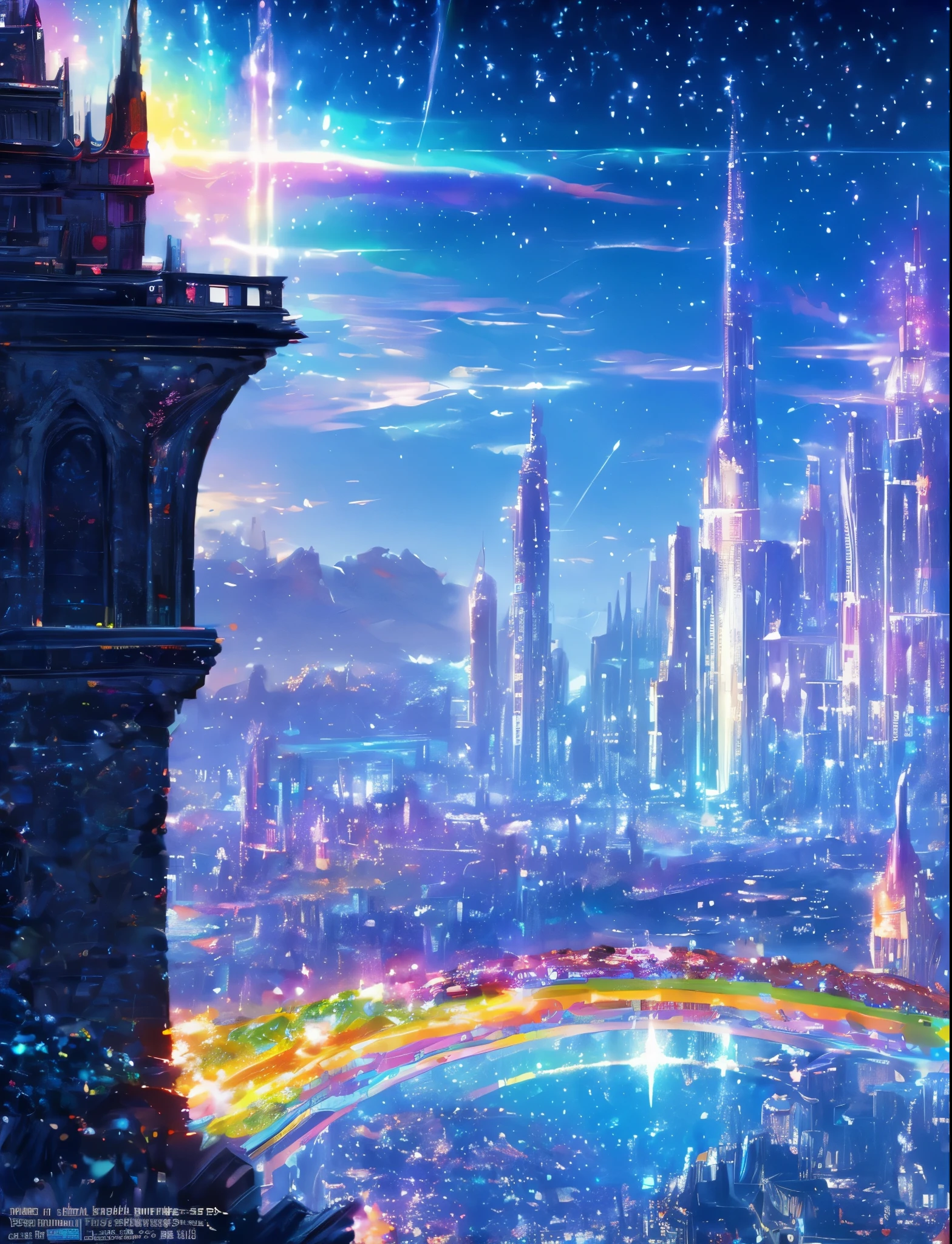Colorful Metropolitan Museum of Art、Painting of a river with stars and moon in a rainbow sky、Met、輝くskyscraper、Shine overall、skyscraper、Concept art inspired by Tosa Mitsuoki、Pixiv Contest Winners、highest quality、Fantasy art、Beautiful anime scene、Bright Moon、Moonlight Star Environment、Dream Painting、Anime Background Art、Fantasy Landscape Painting、Fantasy Knight、Anime Background、Background artwork、Great art、Atmospheric anime、Starry Sky、details enhanced。