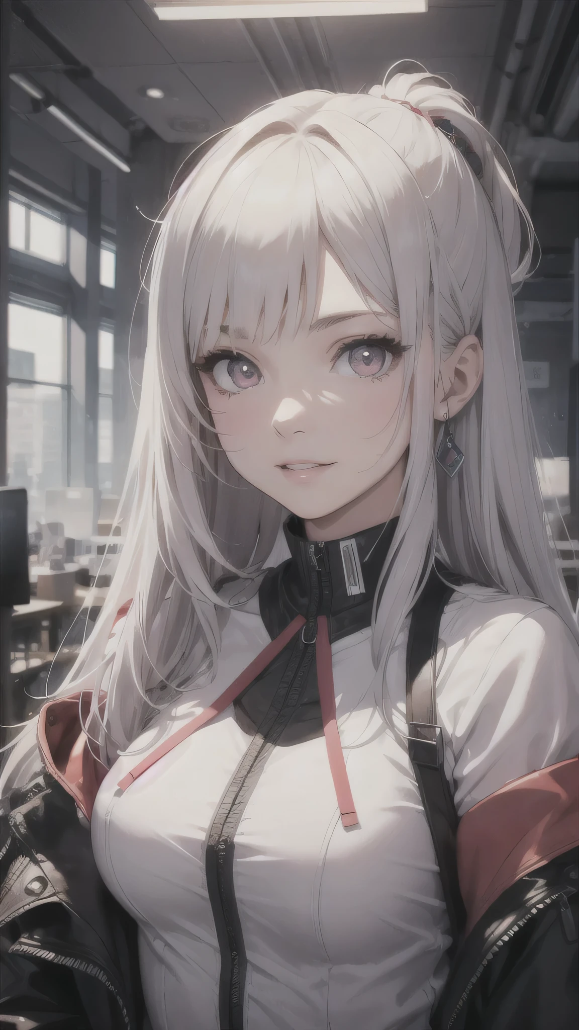 最high quality、Best image quality、masterpiece、girl((、 By becoming、Best Bust、Medium Bust,Wide open breast tea、red glowing eyes,Silver Hair、Disheveled Hair、Long Hair、thin,The highest valley、Open chest、White wristband、smile、hair ornamentany accessories、white see-through shirt、gal style)),high quality、Beautiful art、background((Inside the company's stylish office))、Flight、Flying debris、Written boundary depth、movie、Visual Arts、Perfect art、8K,Genuine、