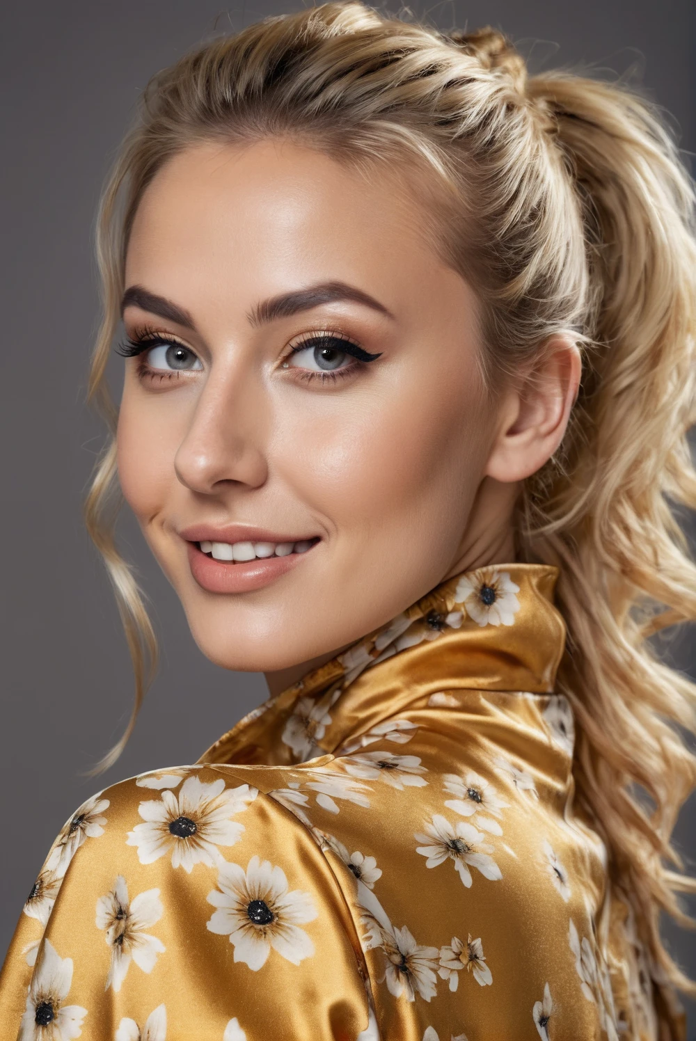 hyperrealistic beautiful 30-year-old women in shiny golden flowered jumpsuit, model shooting mugshot photography, dyed blonde messy bun, dark eye makeup with eyeliner, seductive smile, massive  , 8K, best quality, Meisterwerk, ultra high resolution, (Realismus: 1.4), Originalfoto, (realistische Hautstruktur: 1.3), (Filmkorn: 1.3), (Selfie-Winkel), 1 girl, Beautiful eyes and facial details, Meisterwerk, best quality