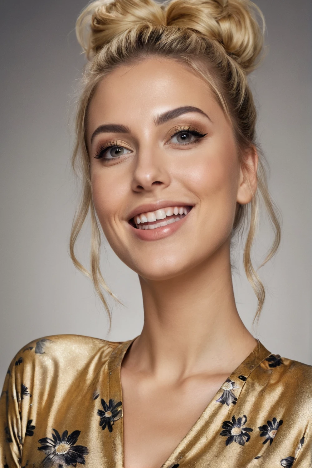 hyperrealistic beautiful 30-year-old women in shiny golden flowered jumpsuit, model shooting mugshot photography, dyed blonde messy bun, dark eye makeup with eyeliner, seductive smile, massive  , 8K, best quality, Meisterwerk, ultra high resolution, (Realismus: 1.4), Originalfoto, (realistische Hautstruktur: 1.3), (Filmkorn: 1.3), (Selfie-Winkel), 1 girl, Beautiful eyes and facial details, Meisterwerk, best quality
